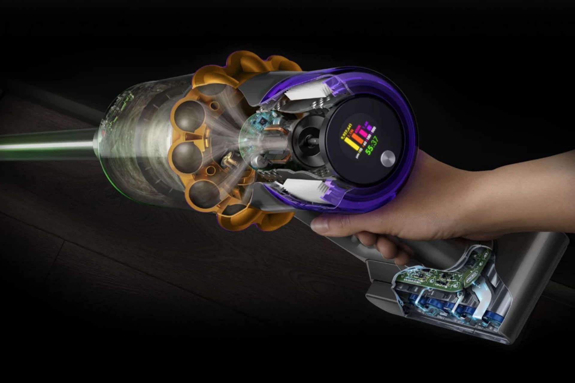 قطعات داخلی جاروبرقی دایسون Dyson V15 Detect با داده های ابعاد کثیفی ها