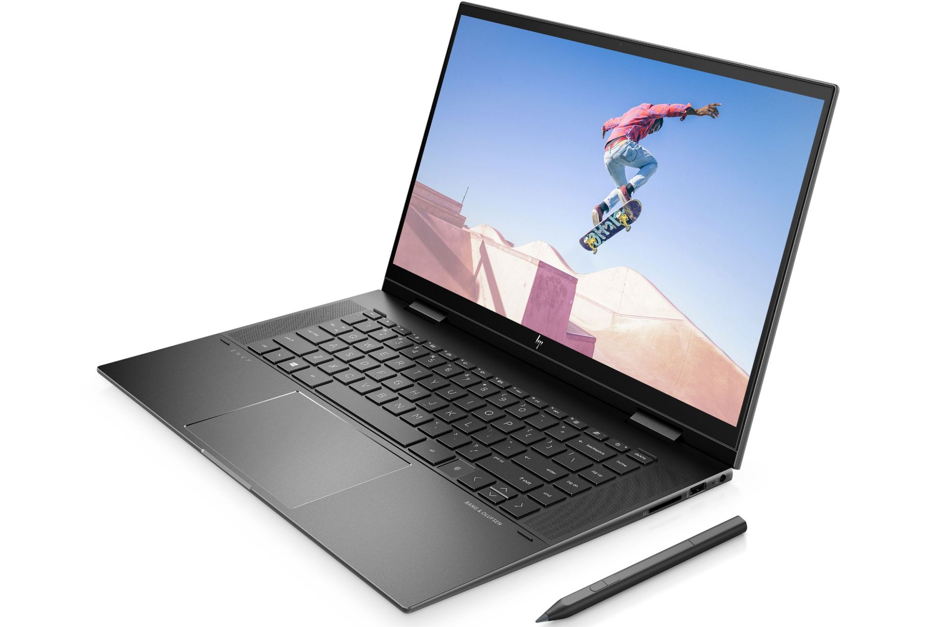 مدل مشکی HP Envy x360 15 در حالت لپ تاپ با قلم لمسی