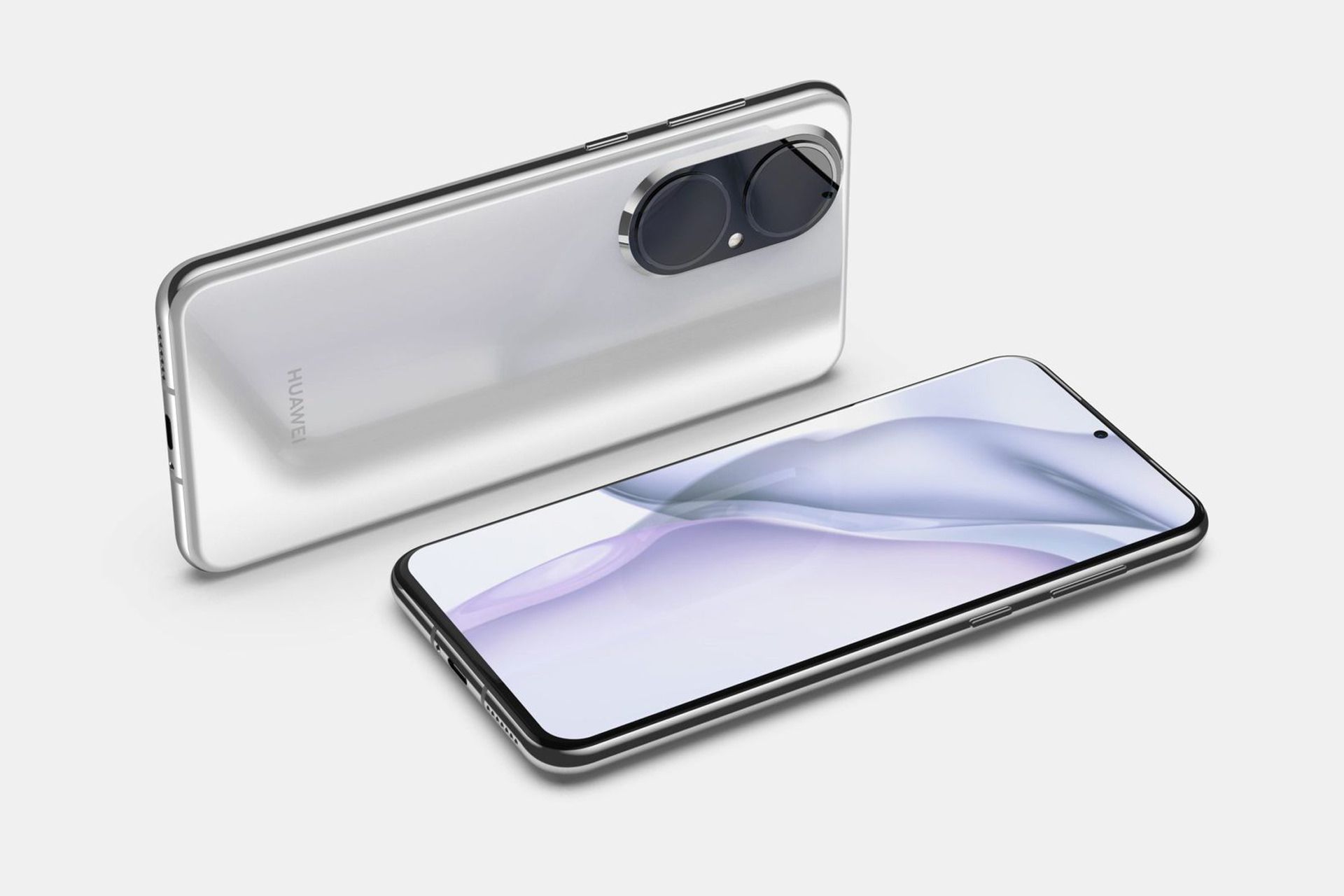 رندر فاش شده هواوی پی 50 / Huawei P50 نقره ای در حالت افقی