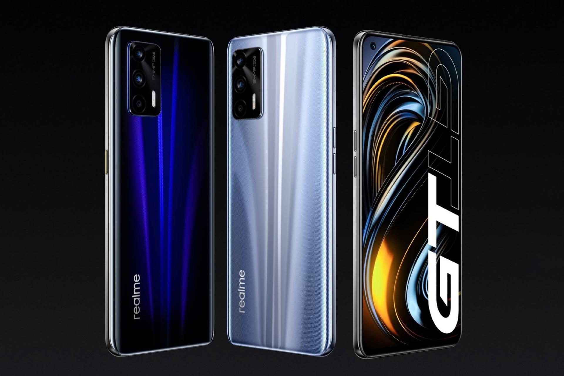 نمای پشت و جلوی گوشی ریلمی جی تی / Realme GT رنگ آبی و نقره ای