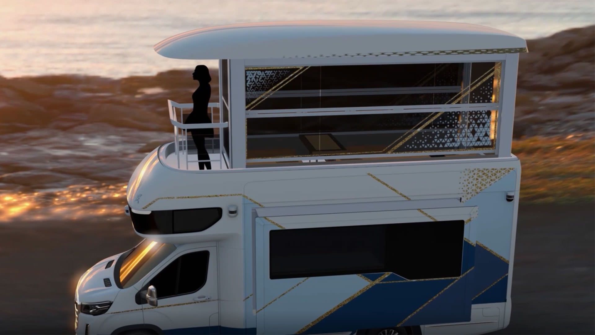 نمای جانببی خانه متحرک هوشمند سایک ماکسوس / SAIC Maxus Life Home V90 Villa Edition در ساحل دریا