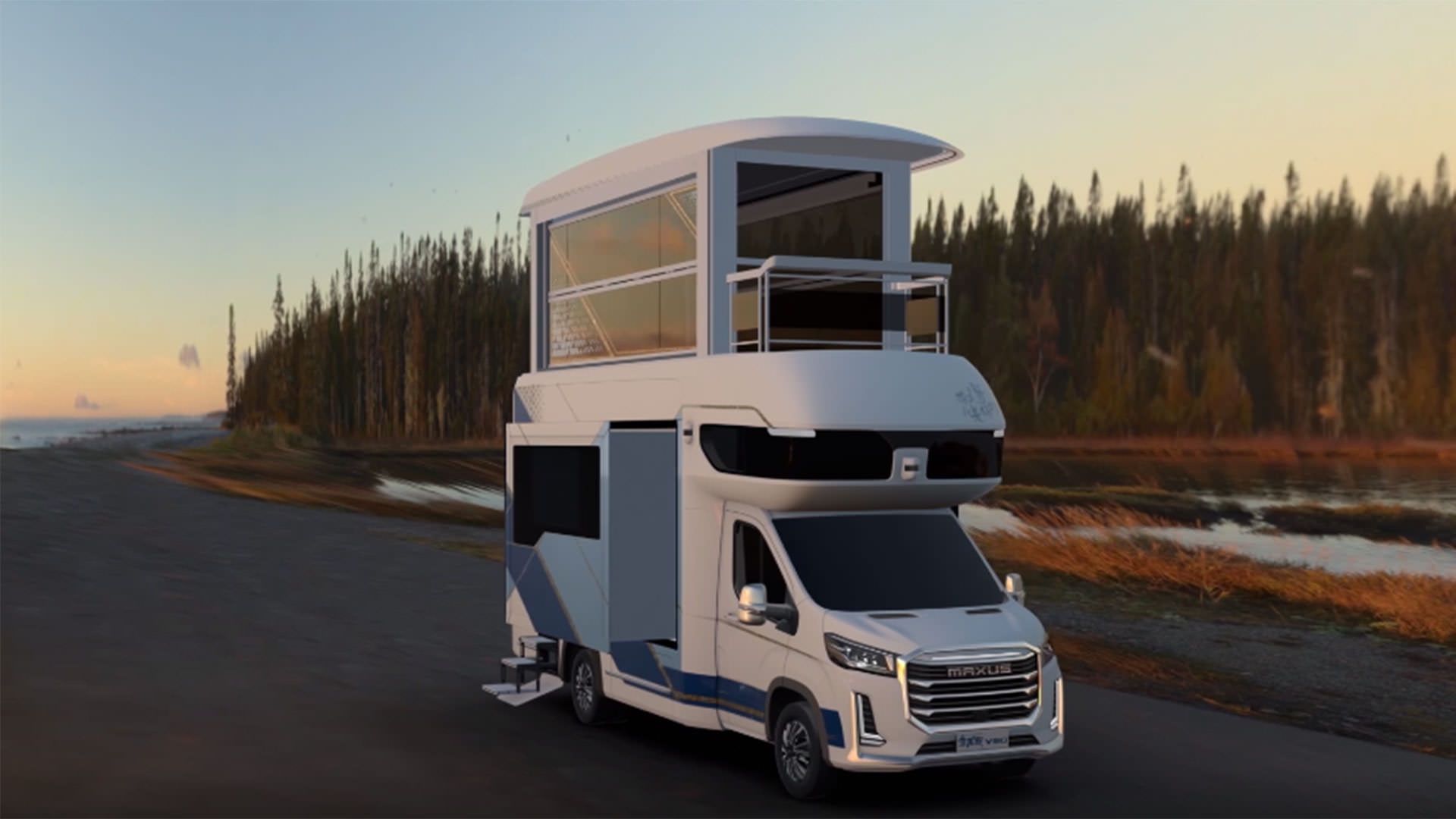 نمای کناری خانه متحرک هوشمند سایک ماکسوس / SAIC Maxus Life Home V90 Villa Edition در کنار درختان