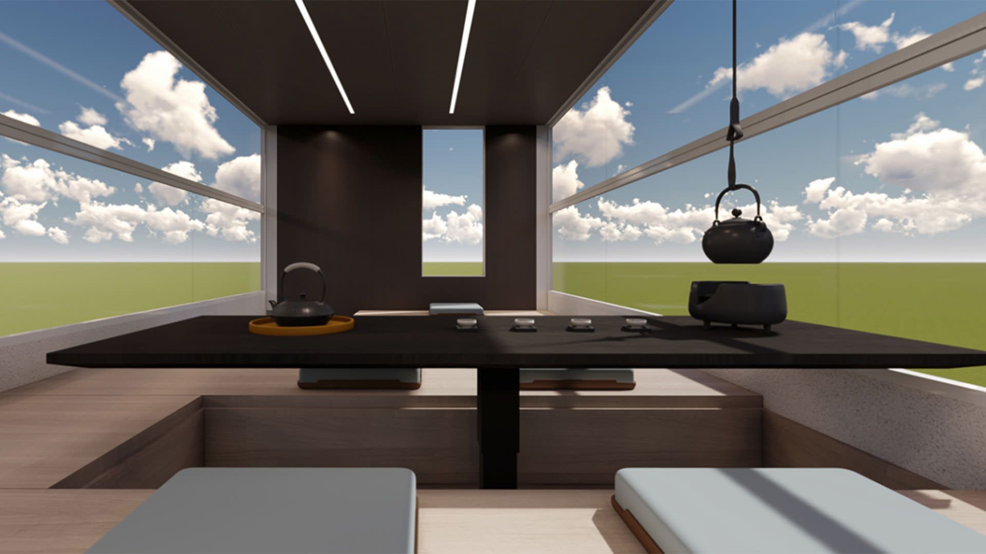 اتاق نشیمن و شیشه شفاف خانه متحرک هوشمند سایک ماکسوس / SAIC Maxus Life Home V90 Villa Edition 