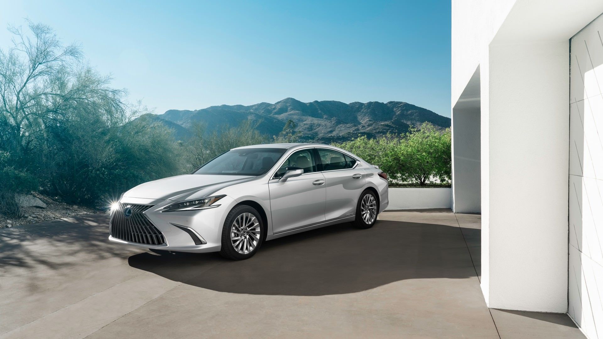نمای سه چهارم سدان لکسوس ای اس مدل 2022 / 2022 Lexus ES نقره ای رنگ با منظره درخت و آسمان