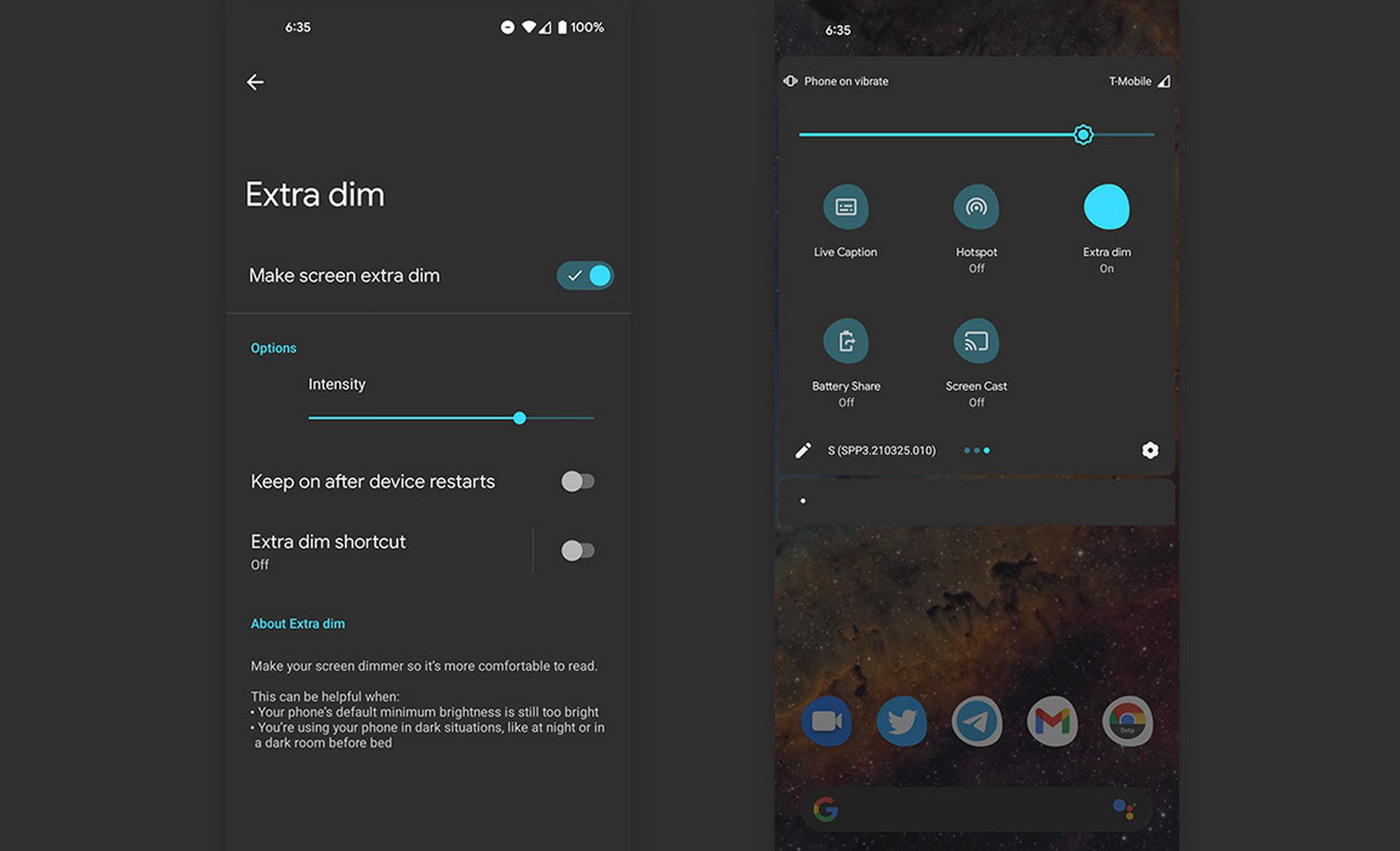 اسکرین شات نسخه آزمایشی Extra Dim اندروید ۱۲ / Android 12