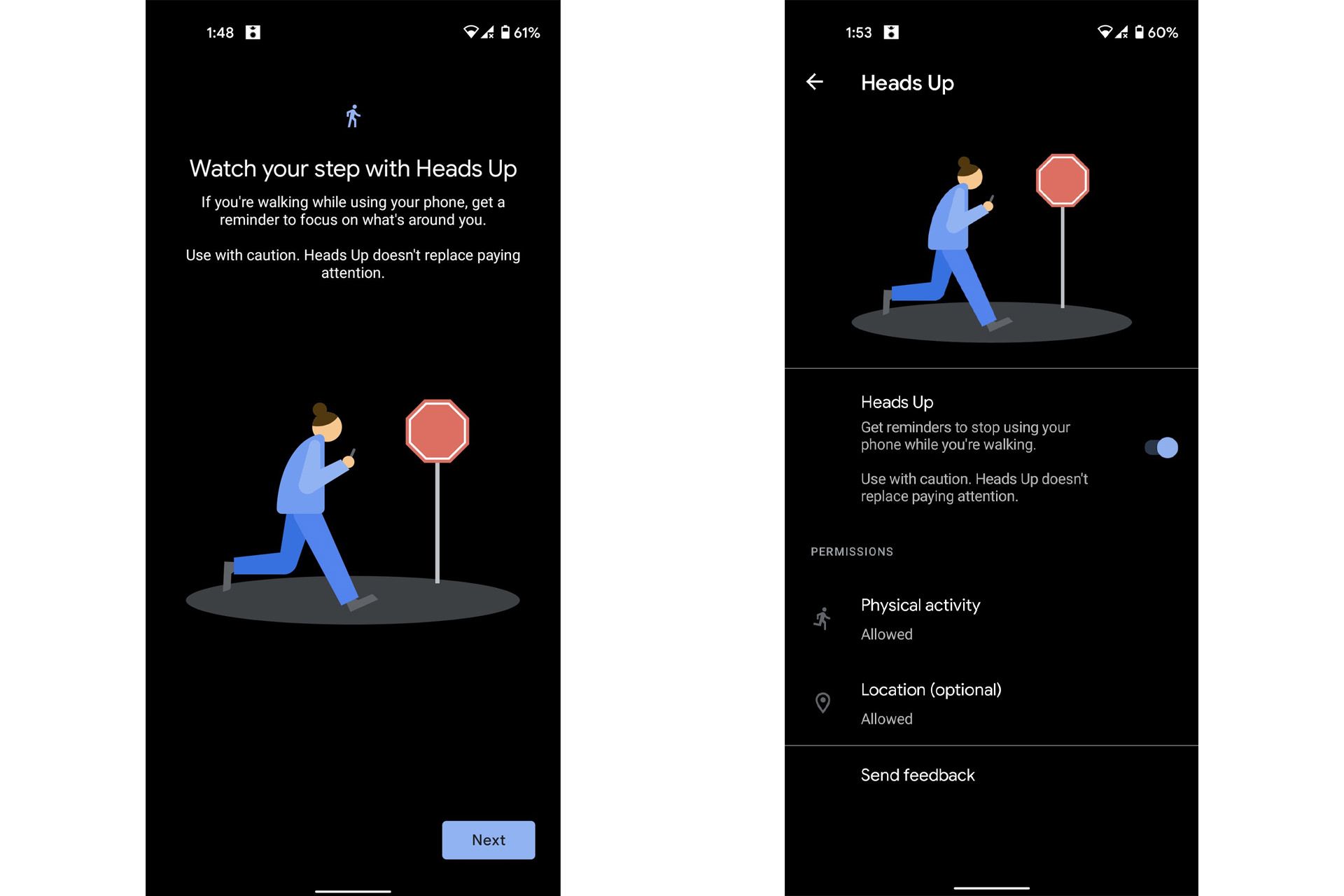دو اسکرین شات قابلیت Heads Up در Digital Wellbeing اندروید