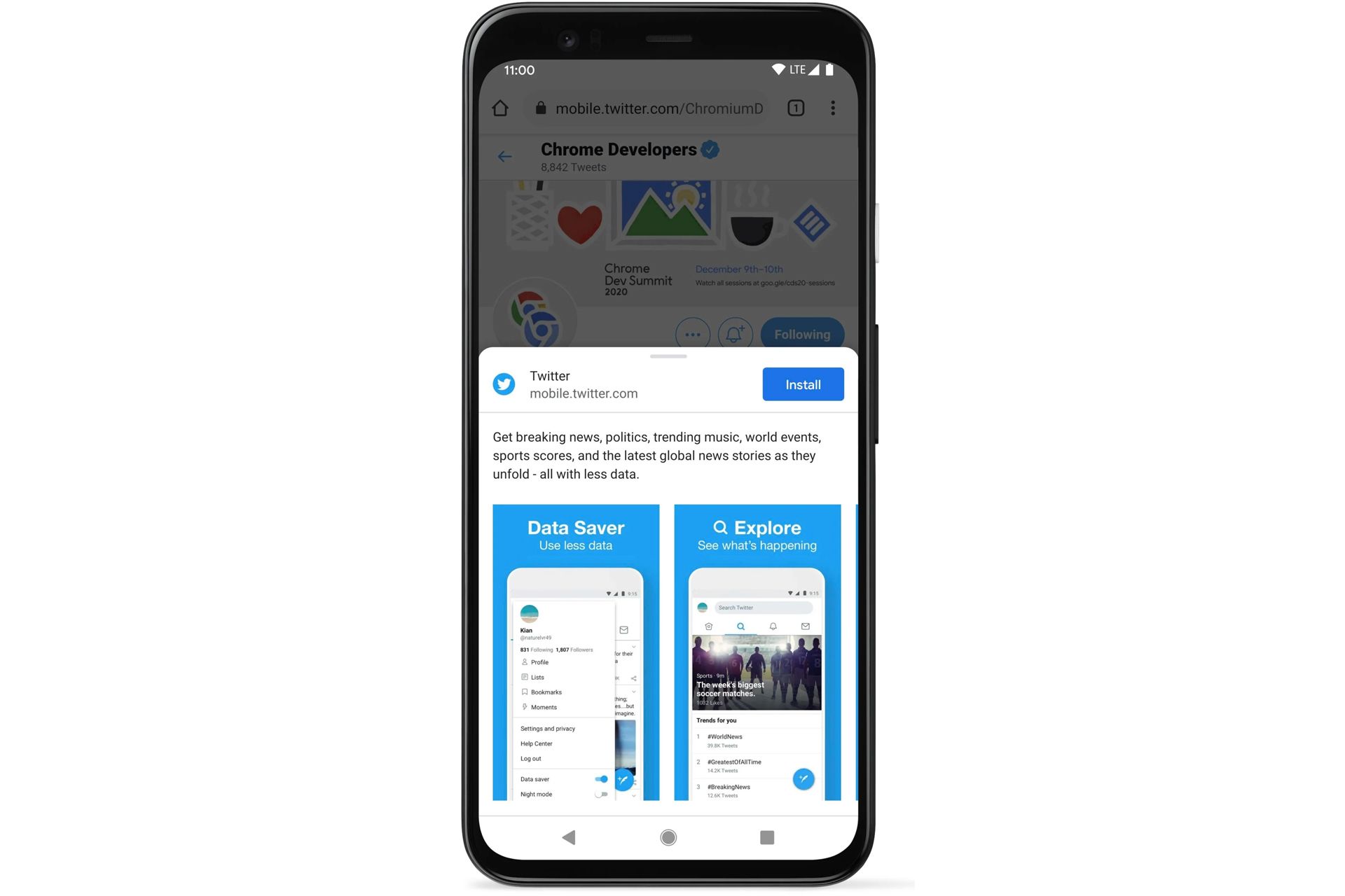 گوشی پیکسل گوگل در حال نمایش نسخه PWA توییتر در کروم