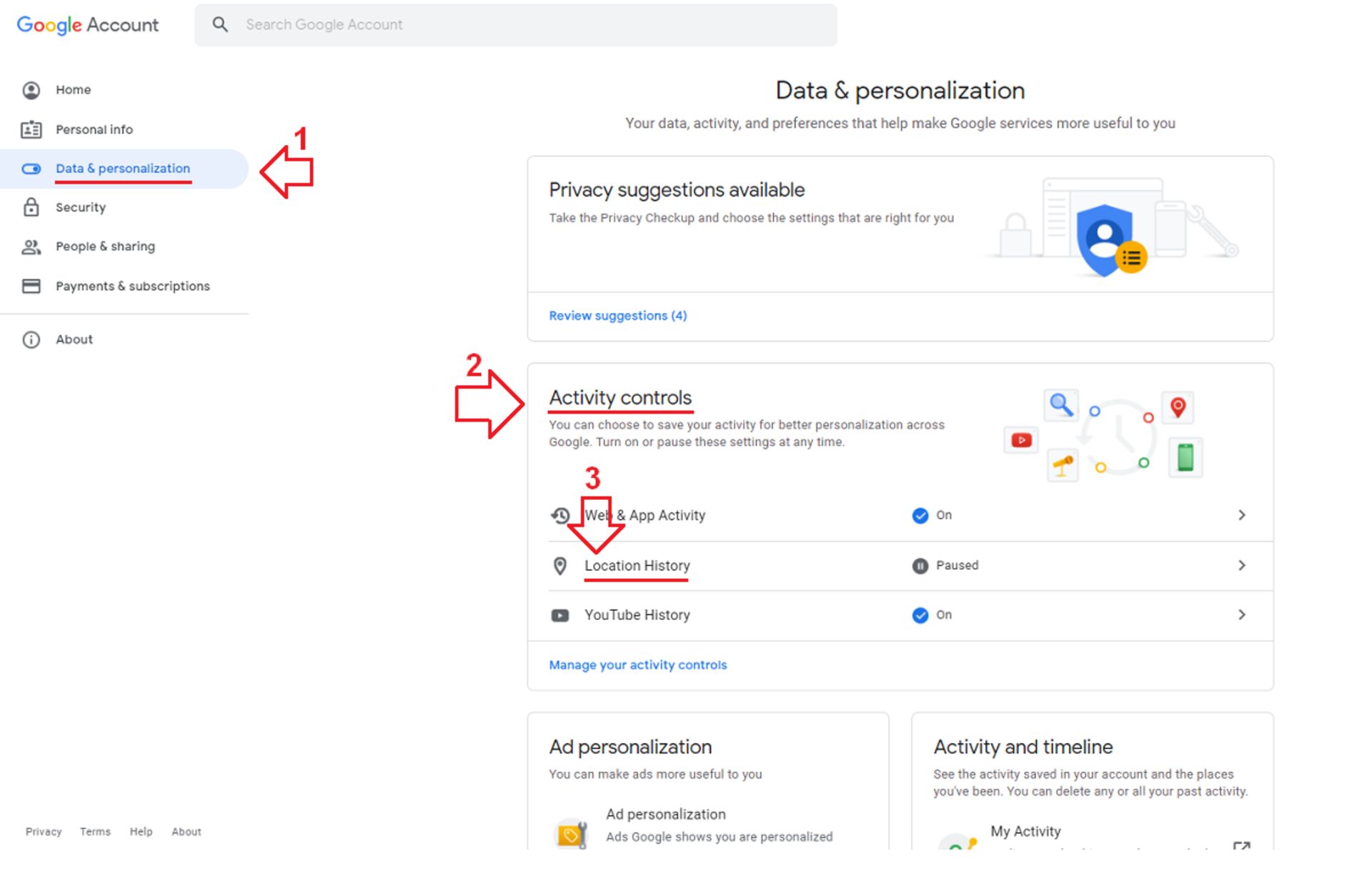 مدیریت داده‌های شخصی در حساب گوگل