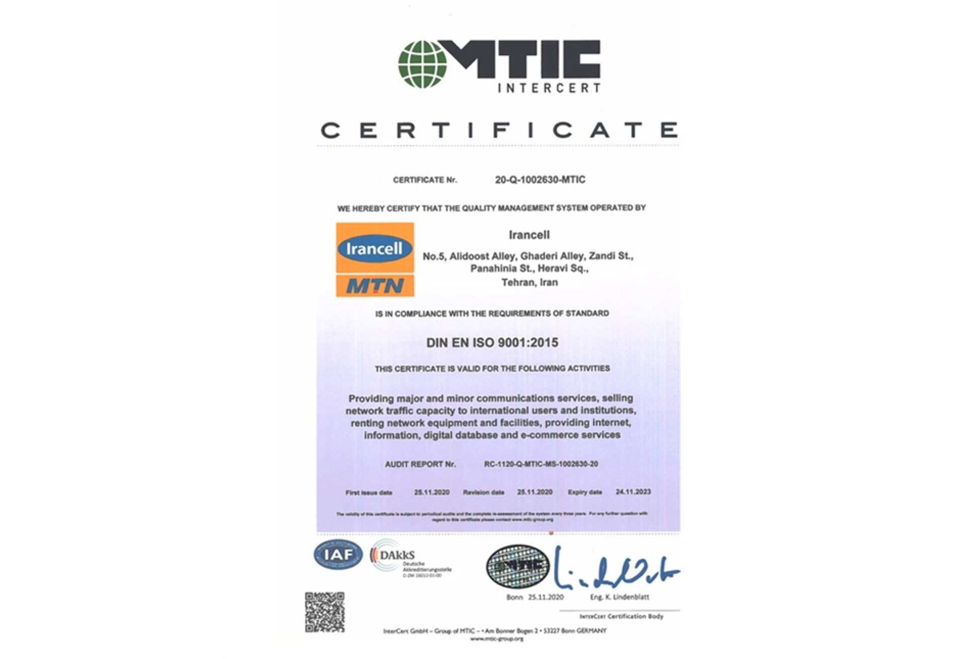 گواهینامه استاندارد بین‌المللی ISO 9001:2015 ایرانسل از شرکت INTERCERT Group of MTIC