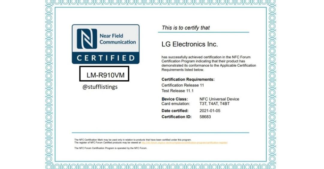 گواهی انجمن NFC گوشی ال جی رولبل / LG Rollable