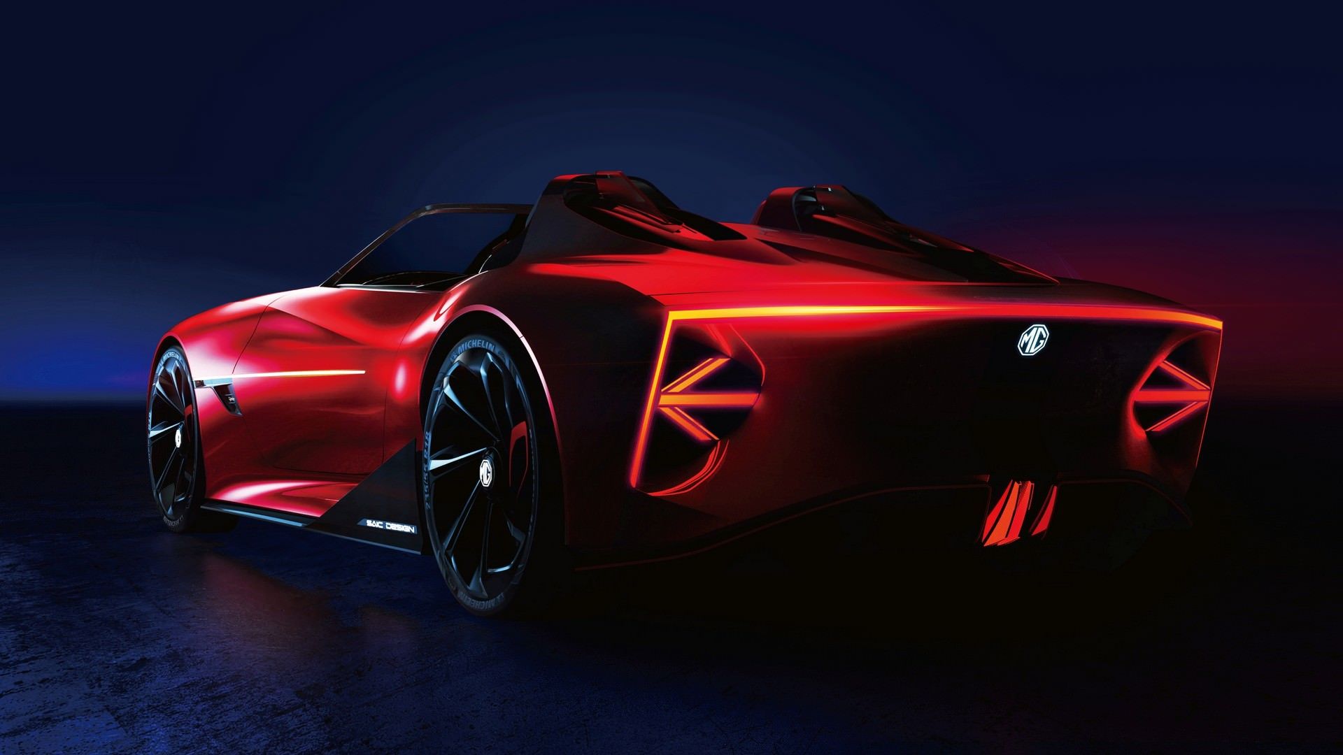 نمای سه چهارم عقب خودروی مفهومی  و برقی ام جی سایبرستر / MG Cyberster Concept قرمز رنگ