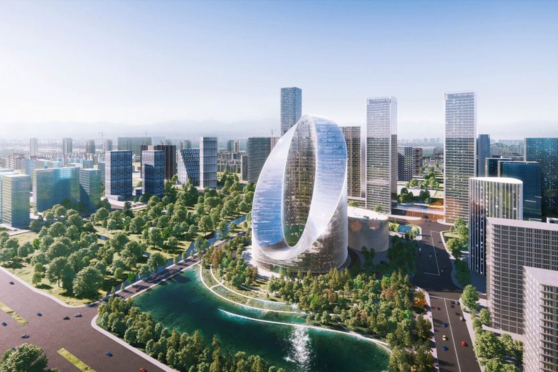 برج O-Tower اوپو از نمای دور طرح گرافیکی