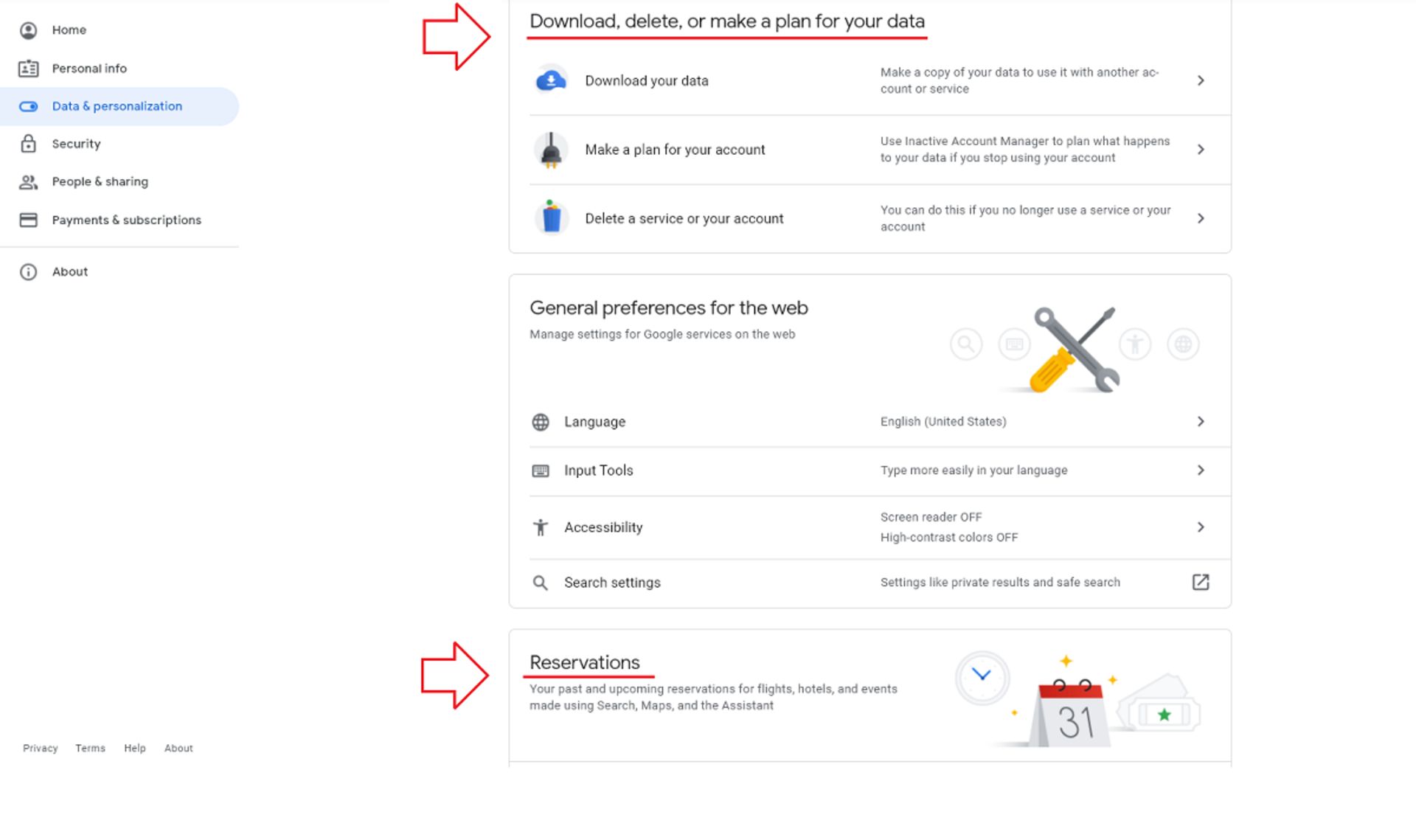 مدیریت داده‌های شخصی در حساب گوگل