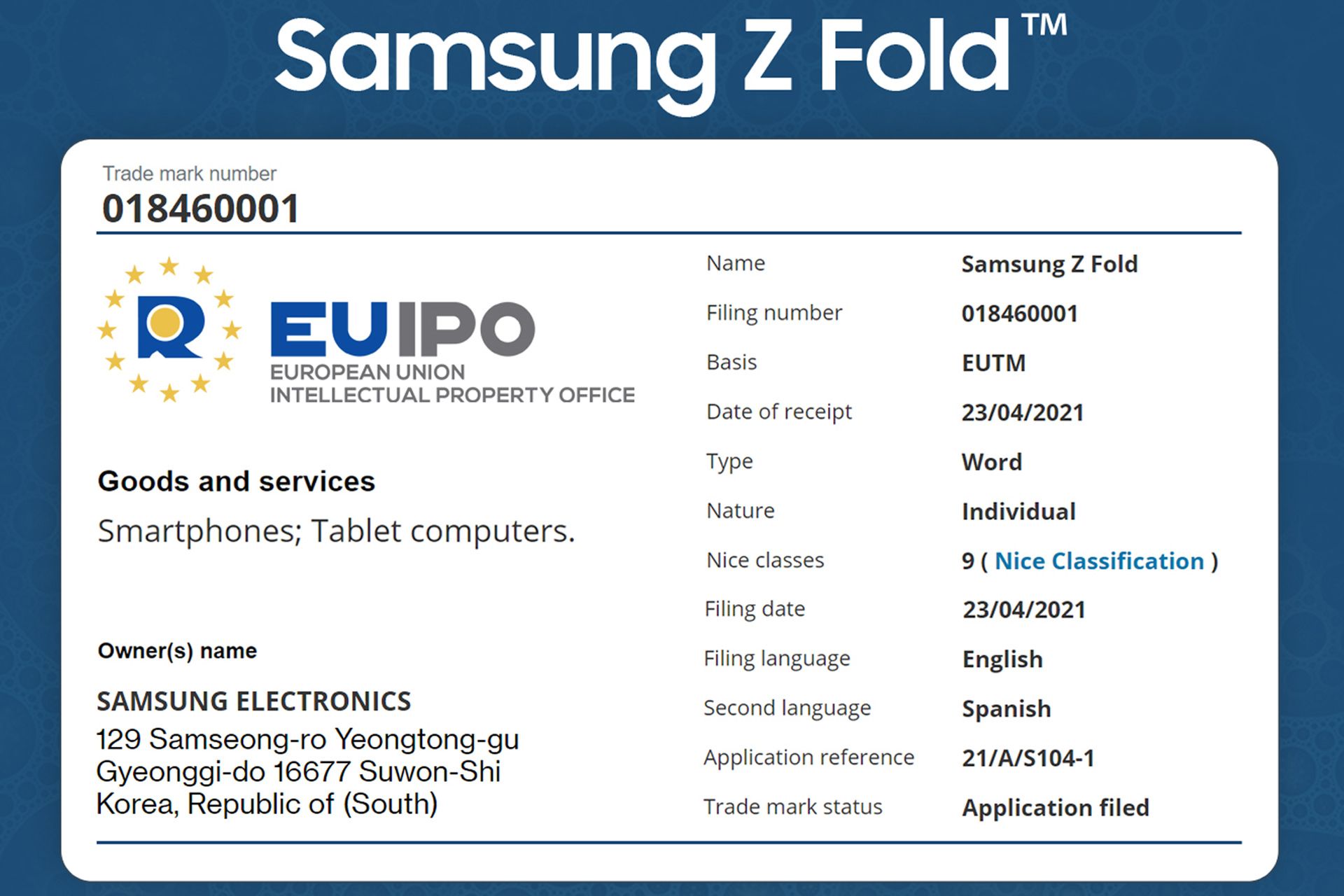 مرجع متخصصين ايران اسكرين شات علامت تجاري Samsung Z Fold در اتحاديه اروپا