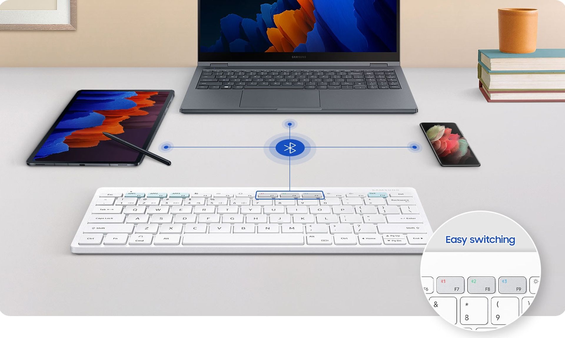 میزی شامل چند دستگاه در کنار Smart Keyboard Trio 500 سامسونگ
