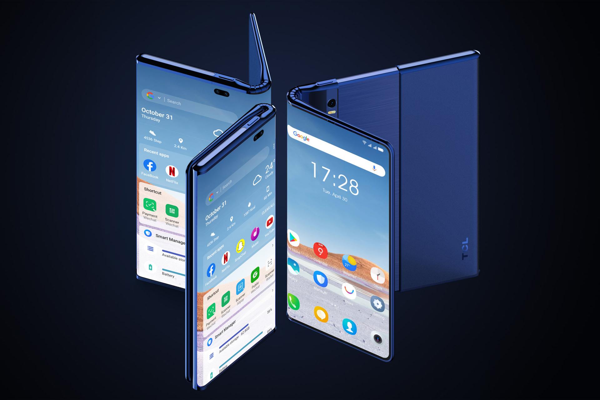 سه دستگاه گوشی مفهومی TCL Fold n' Roll از نمای پشت و جلو