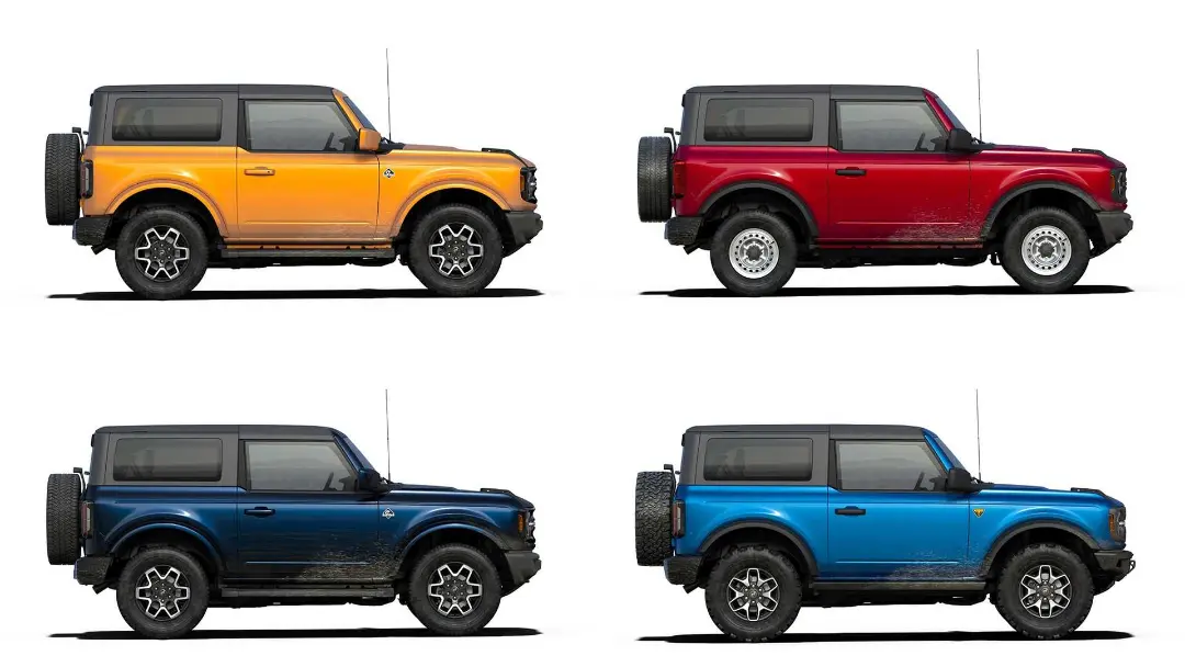 نمای جانبی شاسی بلند فورد برونکو / 2021 Ford Bronco زرد و قرمز رنگ