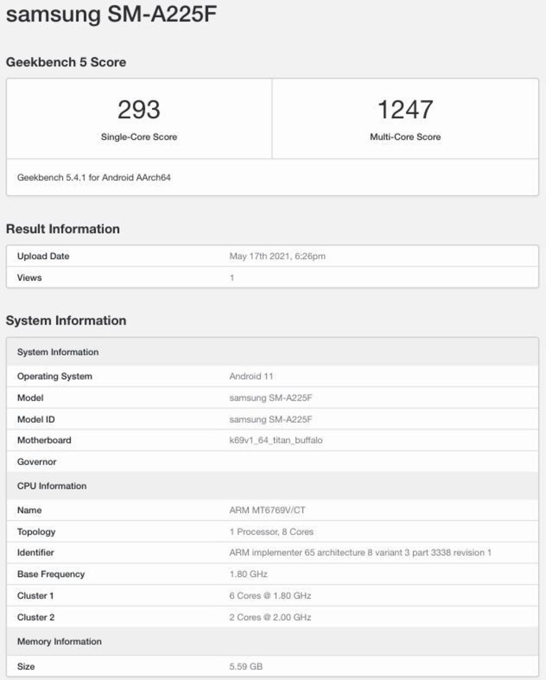 بنچمارک منتسب به گلکسی A22 نسخه 4G