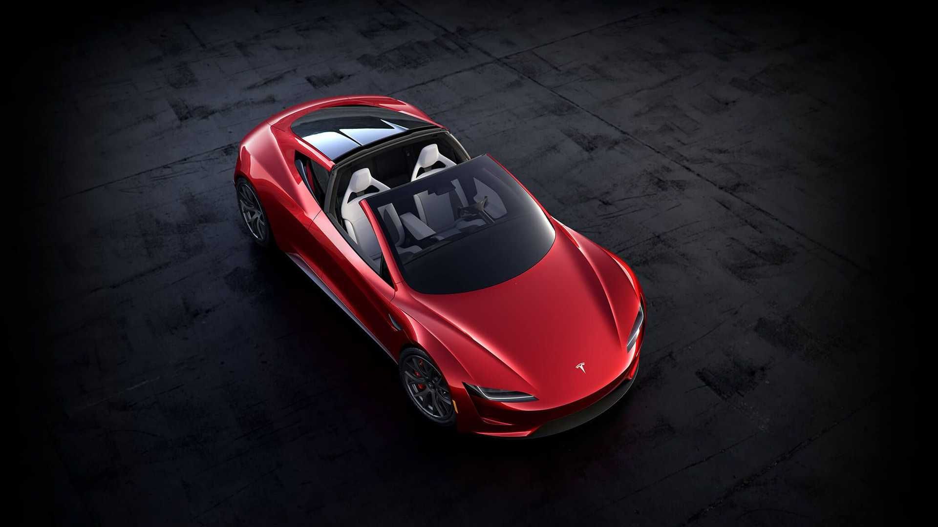 نمای بالا خودروی الکتریکی تسلا رودستر / Tesla Roadster قرمز رنگ