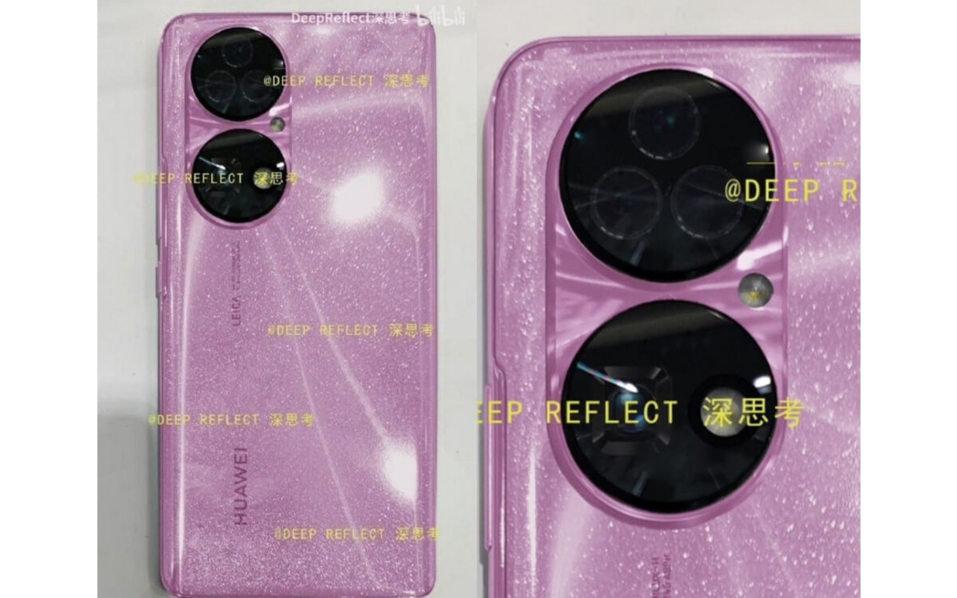 نمای پشتی P50‌ هواوی در رنگ صورتی درخشان با دوربین چهارگانه