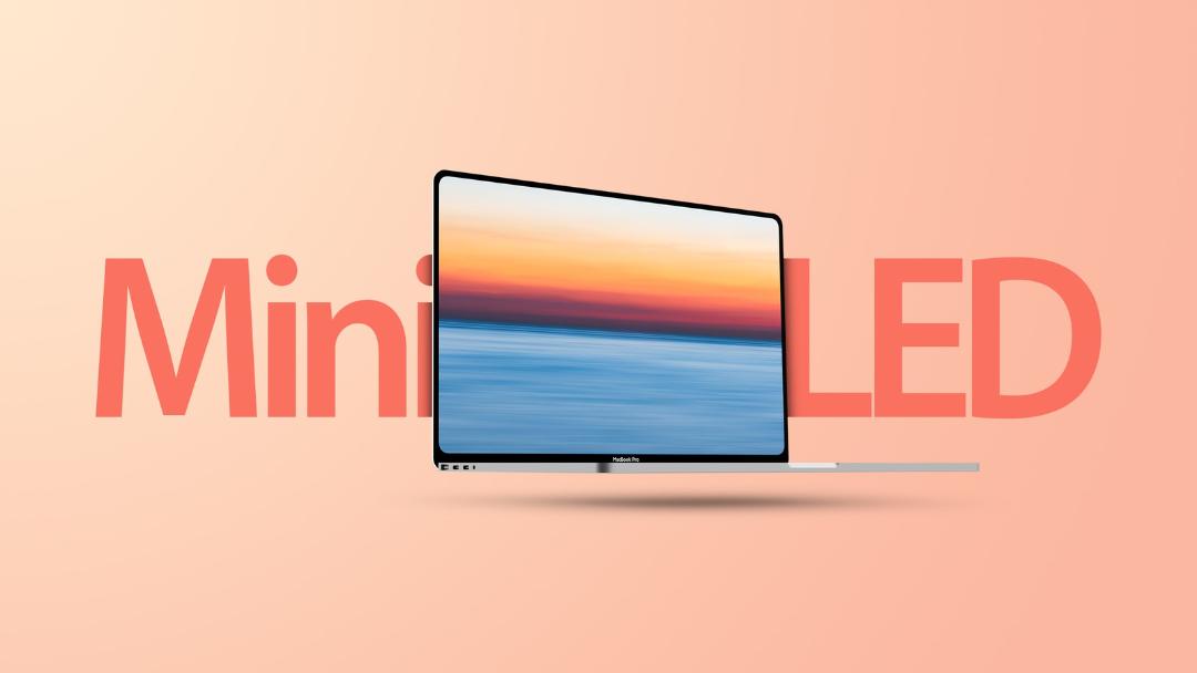 رندر مک‌بوک پرو بازطراحی‌شده در پس‌زمینه نارنجی و نوشته mini-LED