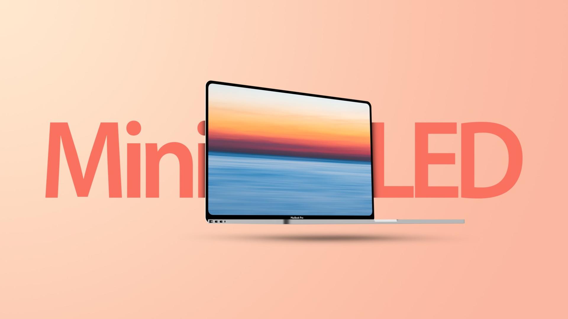 رندر مک‌بوک پرو بازطراحی‌شده در پس‌زمینه نارنجی و نوشته mini-LED