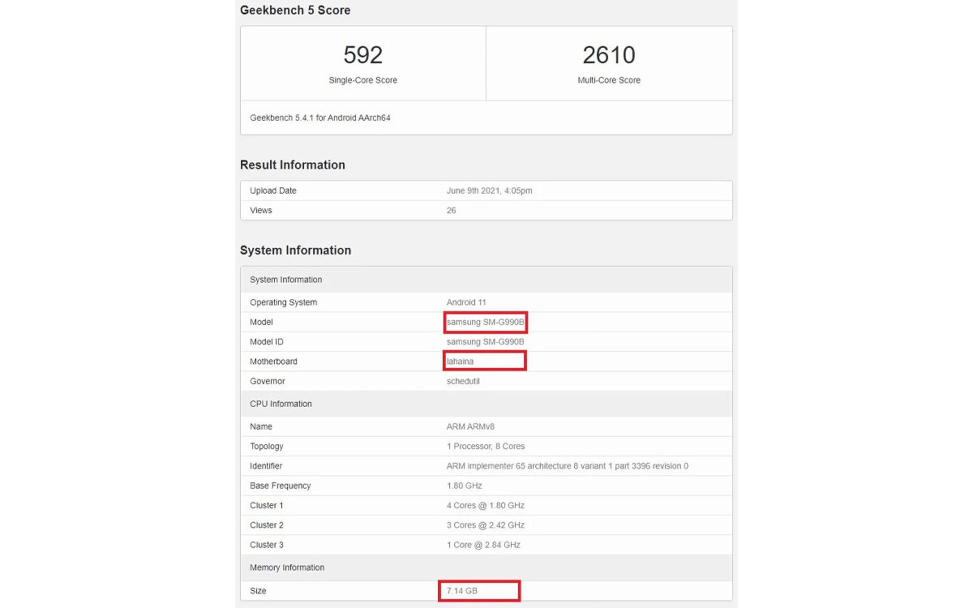 گلکسی اس ۲۱ اف ای با ۸ گیگابایت رم در فهرست گیک بنچ