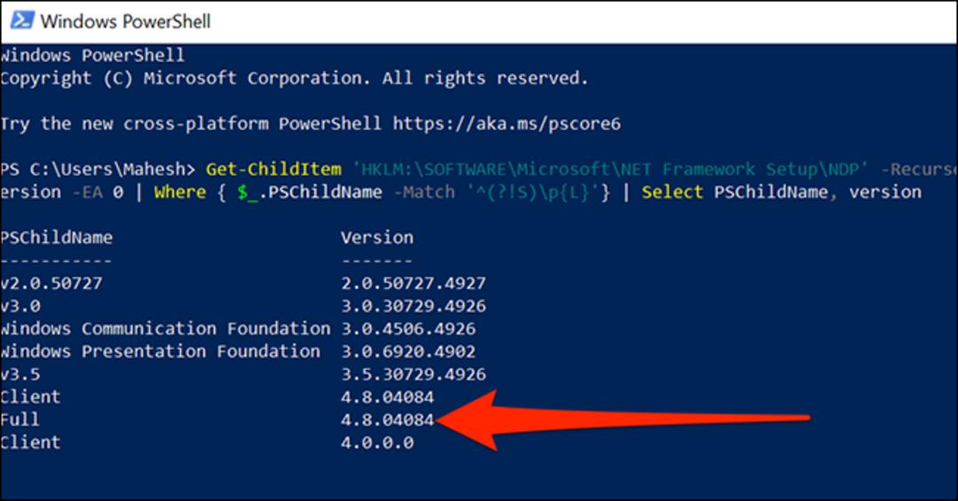 مشاهده نسخه NET Framework. با استفاده از یک دستور PowerShell 