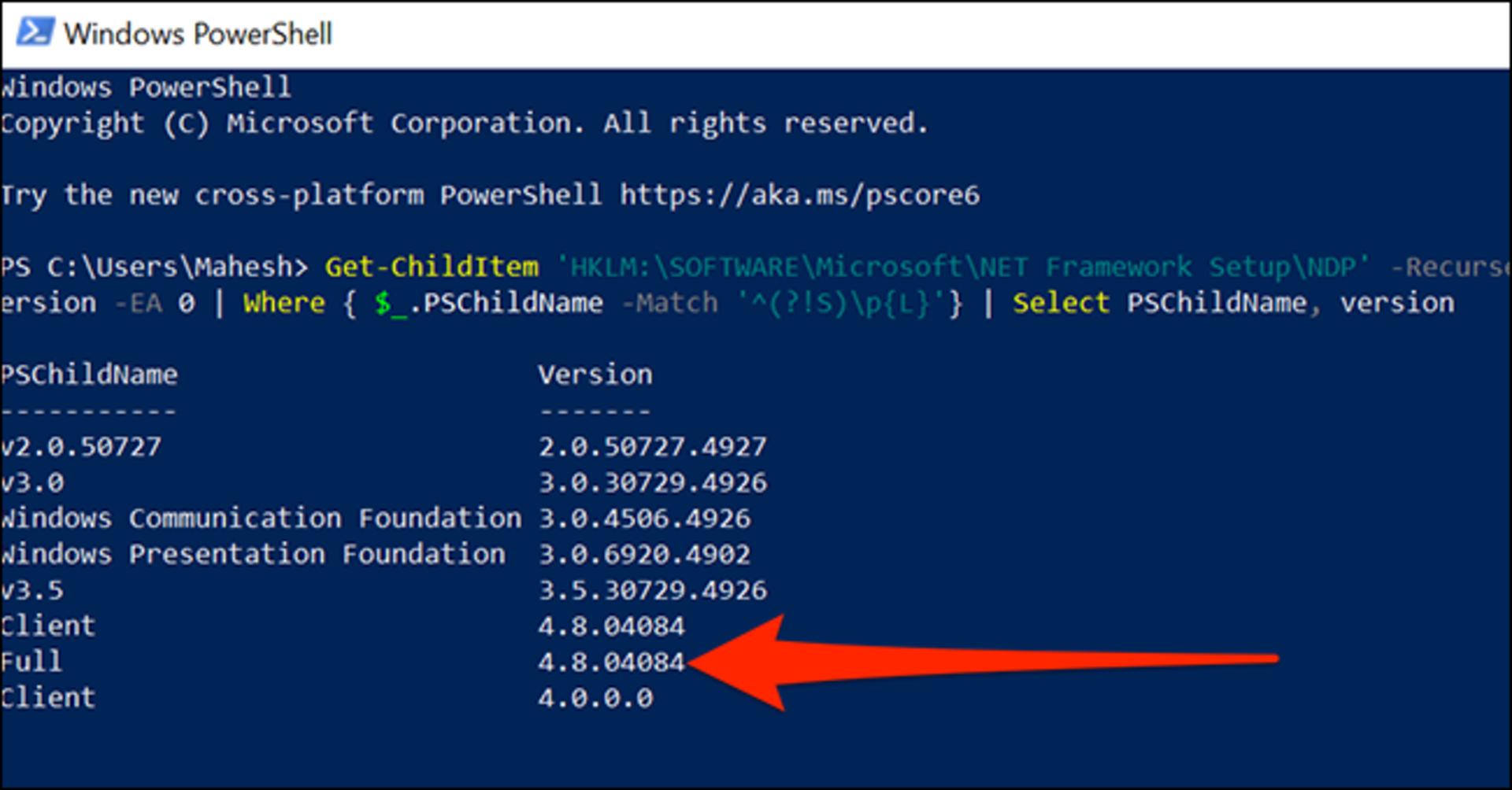 مشاهده نسخه NET Framework. با استفاده از یک دستور PowerShell 