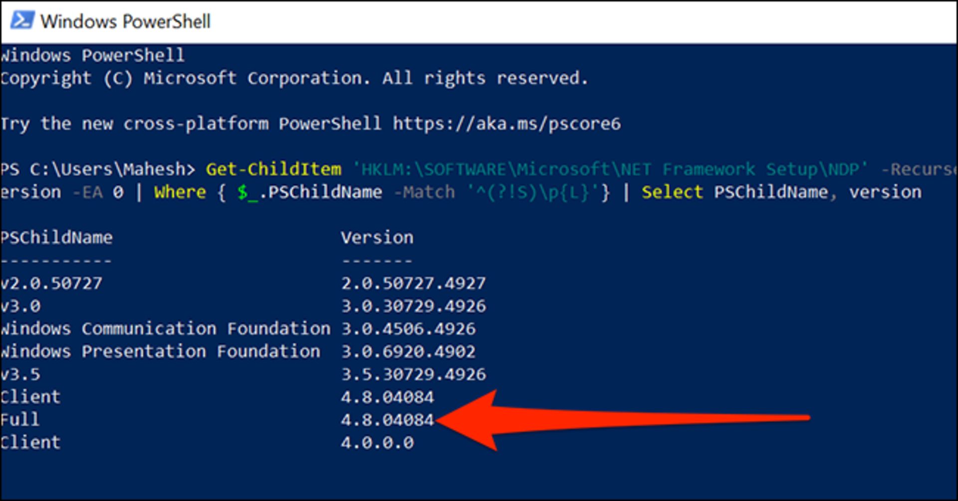مشاهده نسخه NET Framework. با استفاده از یک دستور PowerShell 