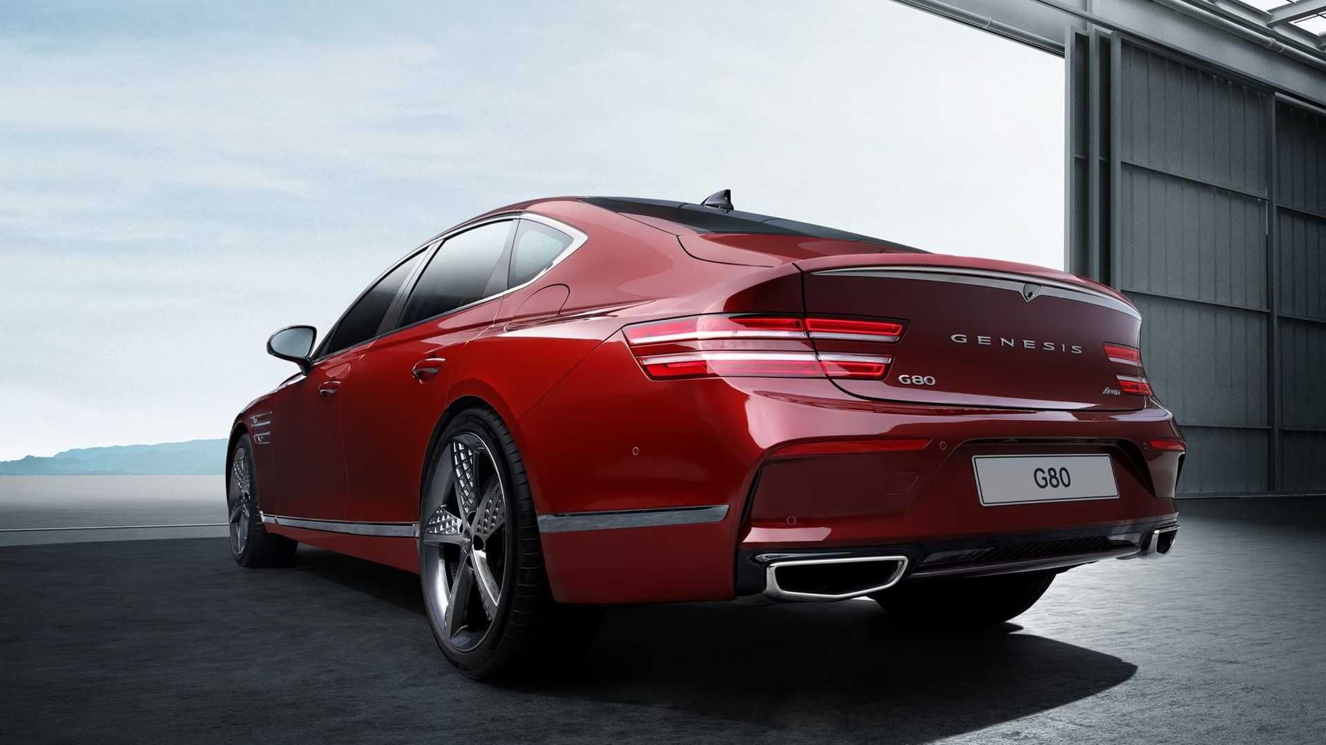 نمای عقب سدان اسپرت جنسیس جی 80 مدل 2022 / 2022 Genesis G80 Sport قرمز رنگ
