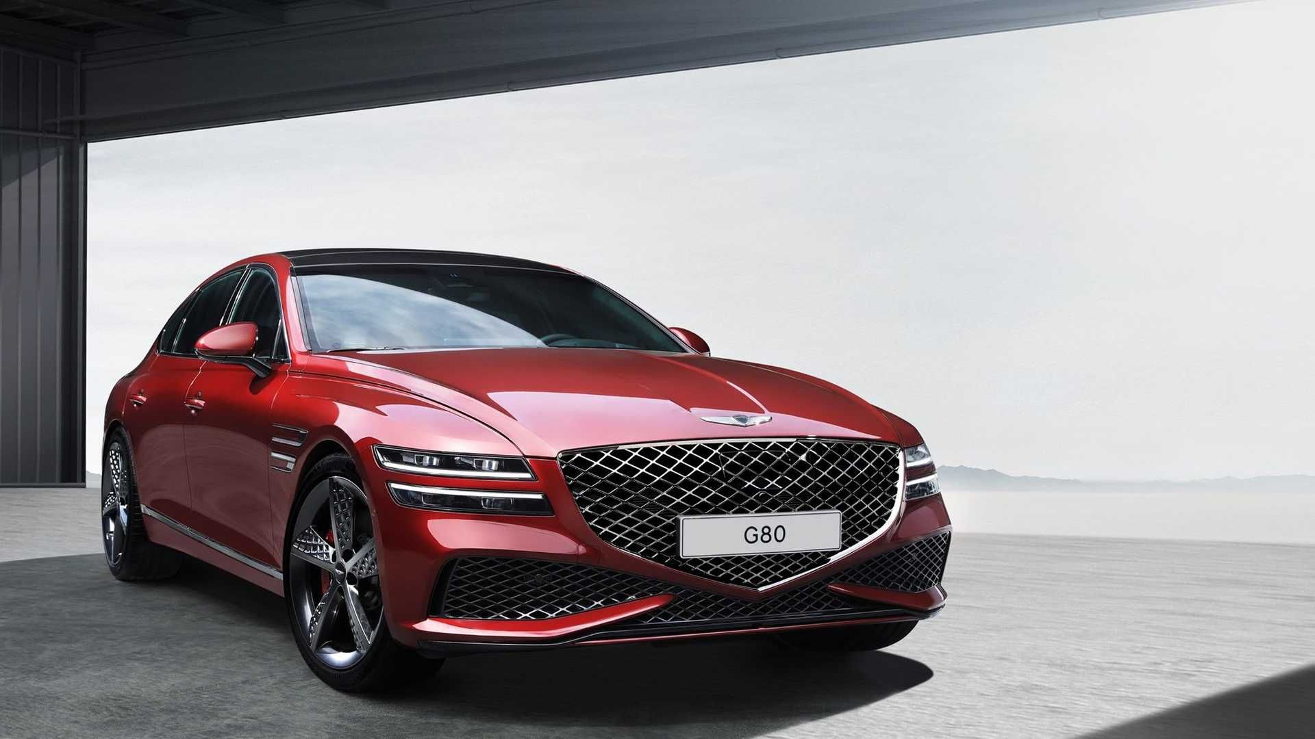 نمای جلو سدان اسپرت جنسیس جی 80 مدل 2022 / 2022 Genesis G80 Sport قرمز رنگ