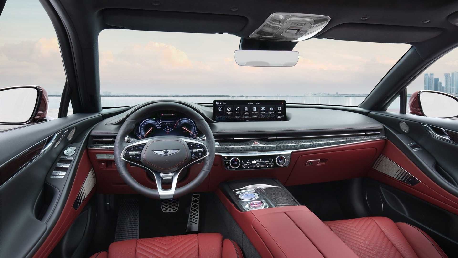 نمای کابین سدان اسپرت جنسیس جی 80 مدل 2022 / 2022 Genesis G80 Sport قرمز رنگ