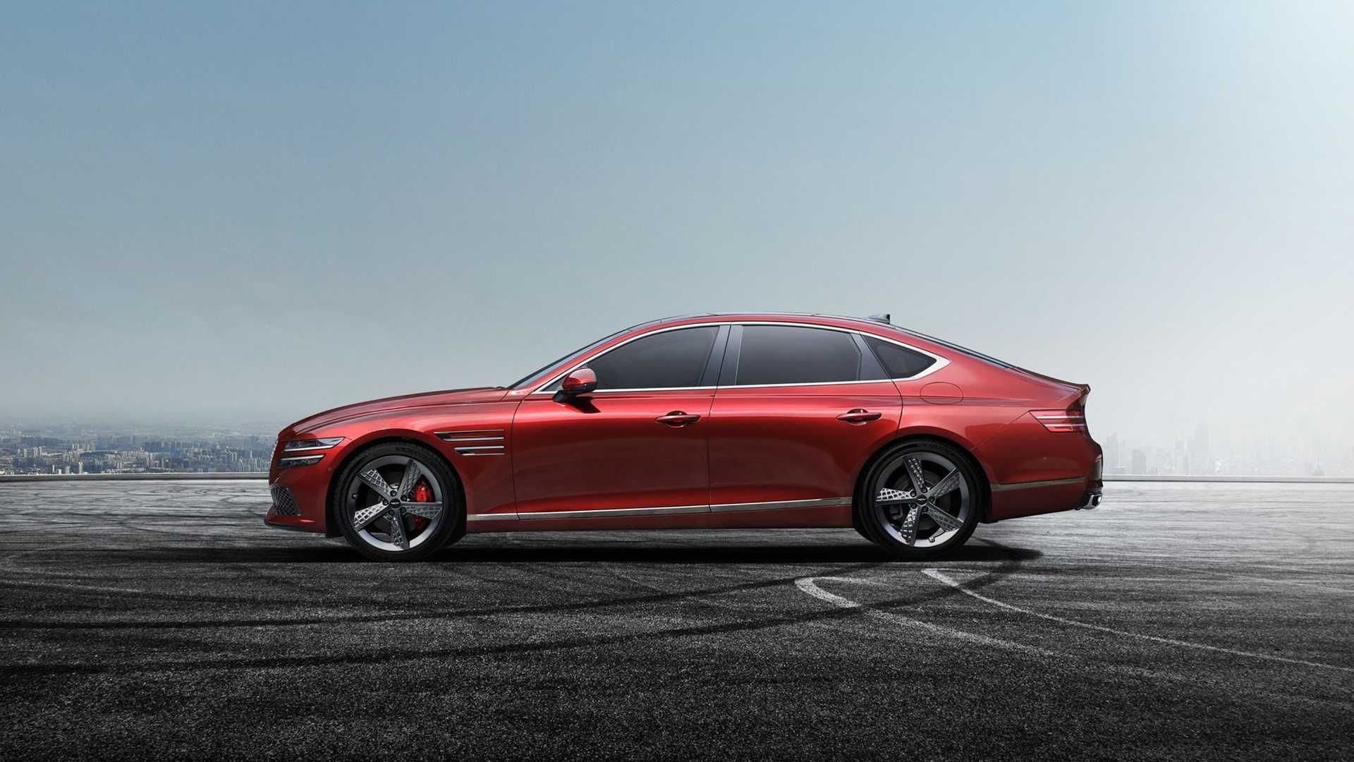 نمای جانبی سدان اسپرت جنسیس جی 80 مدل 2022 / 2022 Genesis G80 Sport قرمز رنگ