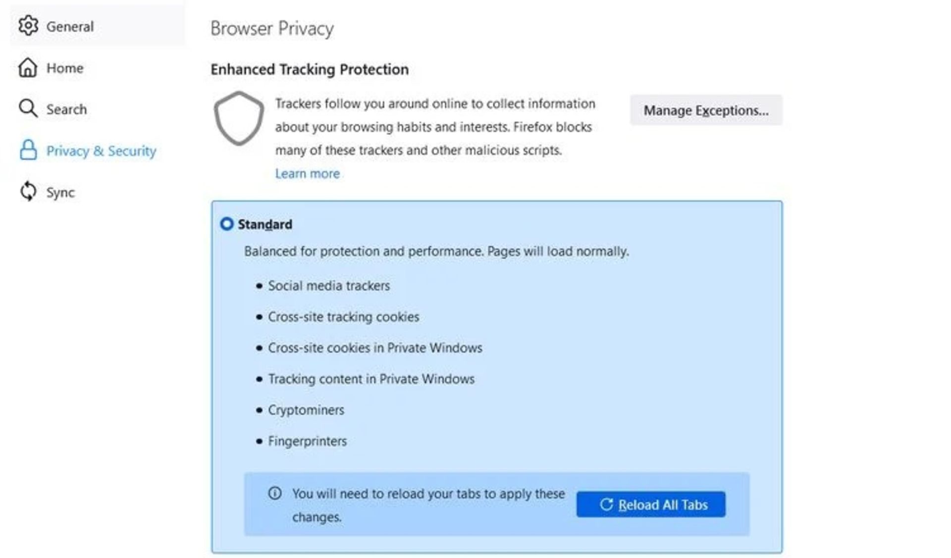 تنظیمات Enhanced Tracking Protection