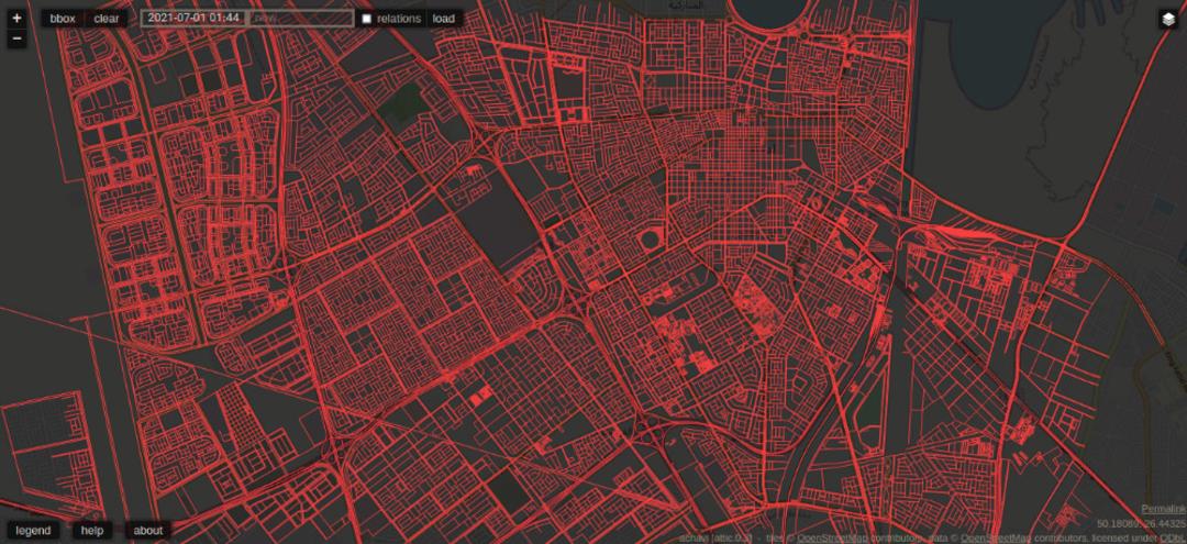 قسمتی از مسیرهای حذف شده از نقشه‌ی عربستان در OpenSteetMaps به‌علت خرابکاری
