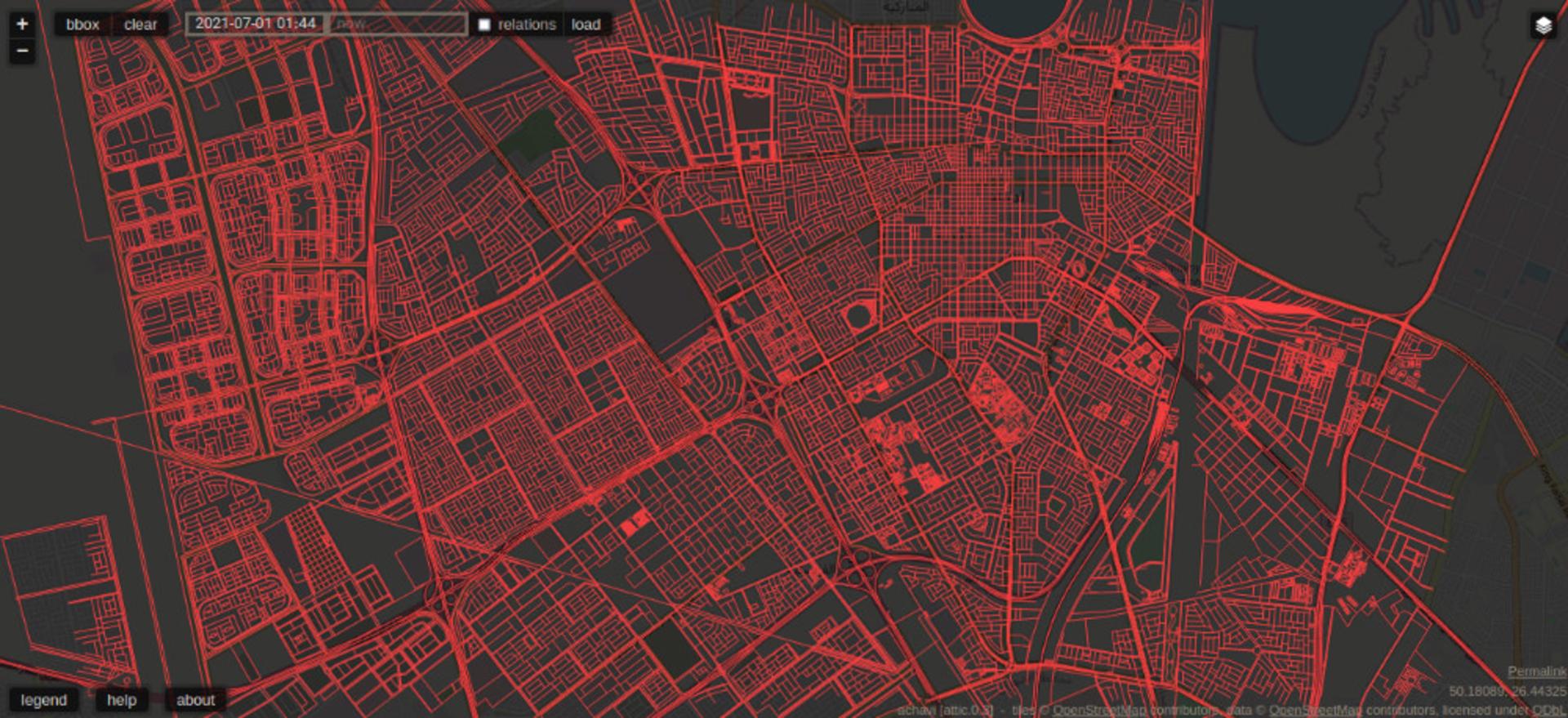 قسمتی از مسیرهای حذف شده از نقشه‌ی عربستان در OpenSteetMaps به‌علت خرابکاری