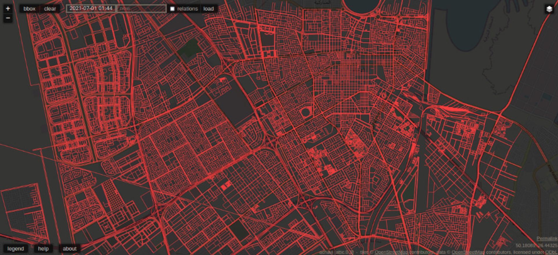 قسمتی از مسیرهای حذف شده از نقشه‌ی عربستان در OpenSteetMaps به‌علت خرابکاری