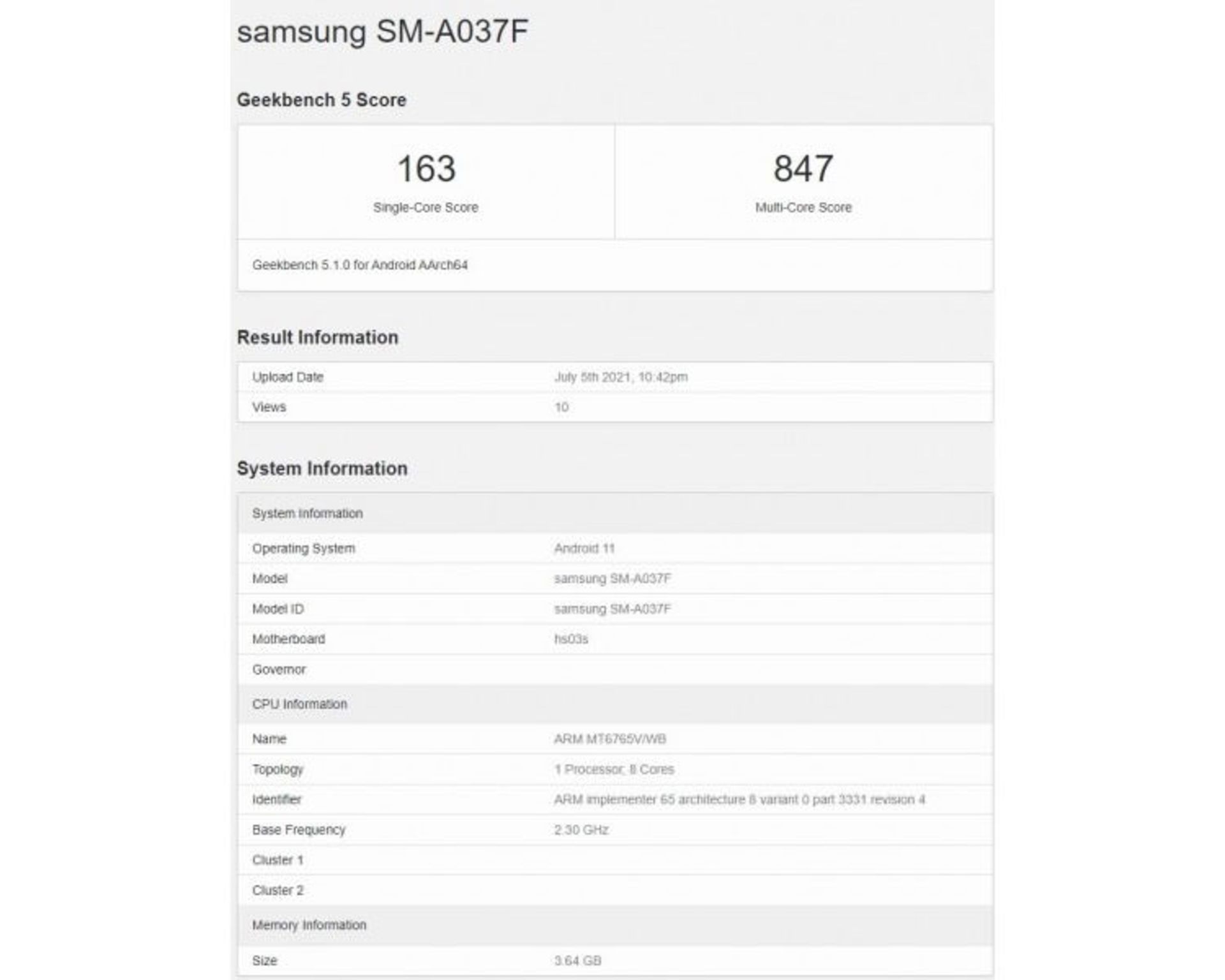 بنچمارک گلکسی A03s سامسونگ