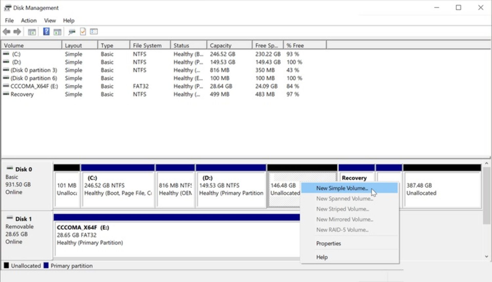 بخش Create a New Volume در ویندوز 10