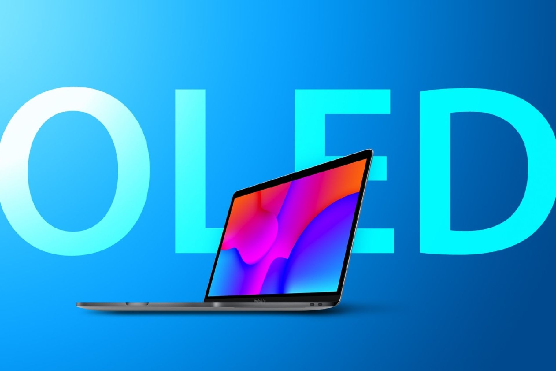 مک‌بوک پرو در پس‌زمینه آبی و نوشته OLED