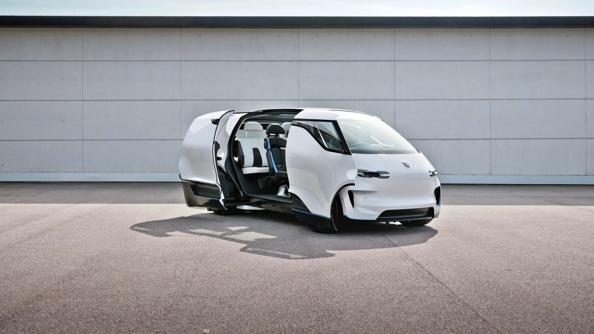 نمای جلو ون برقی پورشه ویژن رندینست / Porsche Vision Renndienst electric van سفید رنگ