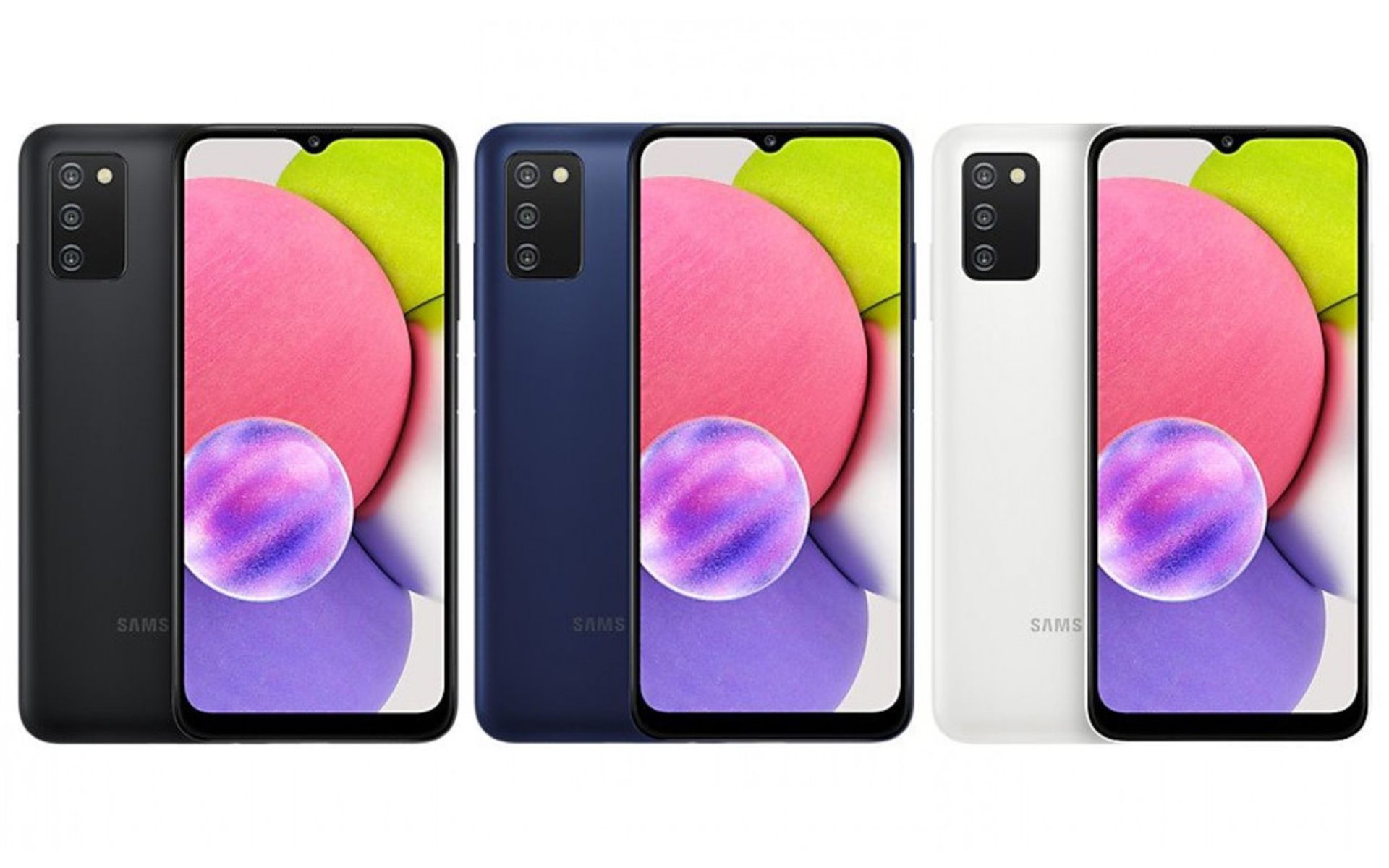 نمای جلو و عقب گلکسی A03s سامسونگ در سه رنگ