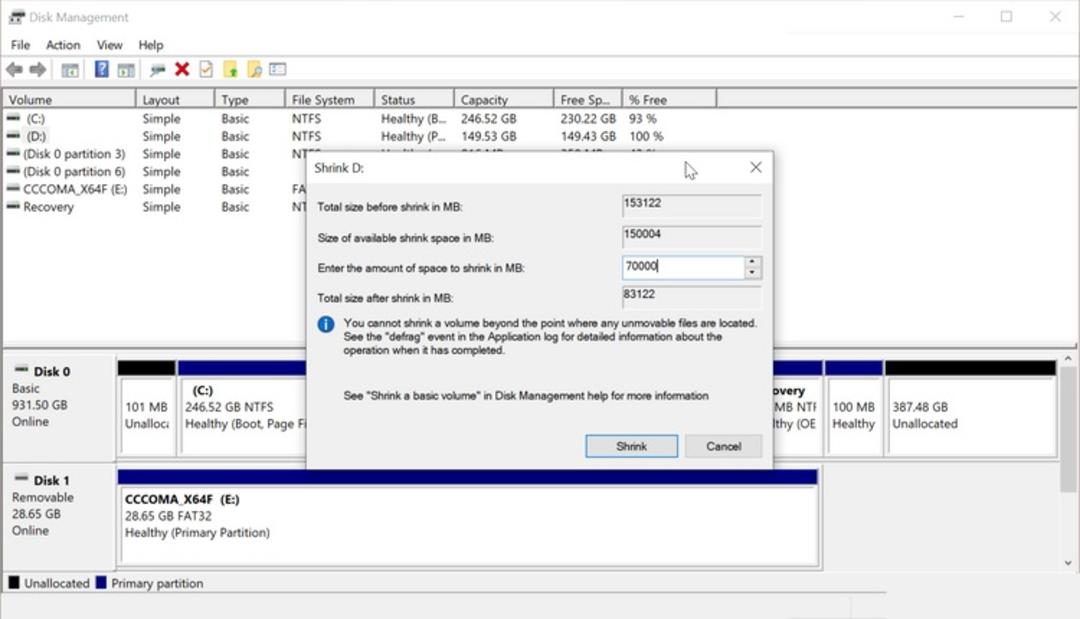 Shrink Volume در ویندوز 10