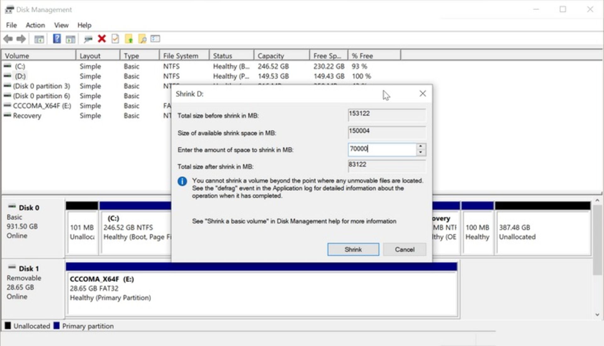 Shrink Volume در ویندوز 10