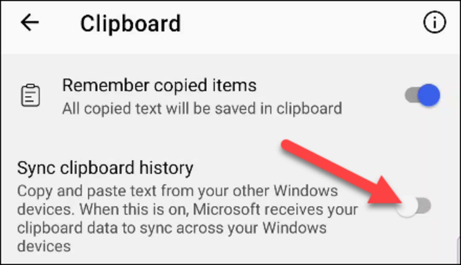 بخش Sync Clipboard History در صفحه کلید SwiftKey 