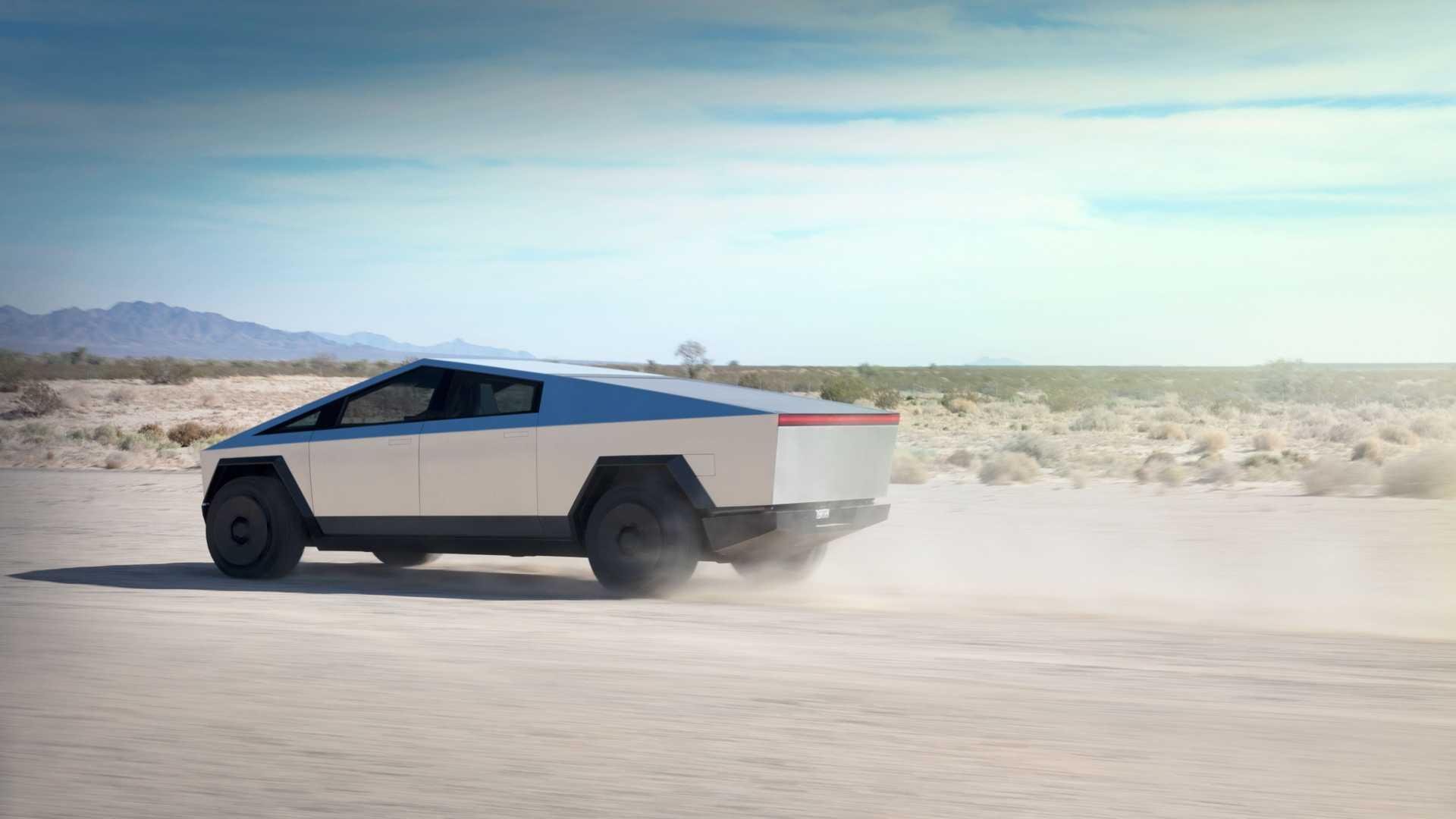 نمای جانبی تسلا سایبرتراک / Tesla Cybertruck در مسیر کویری