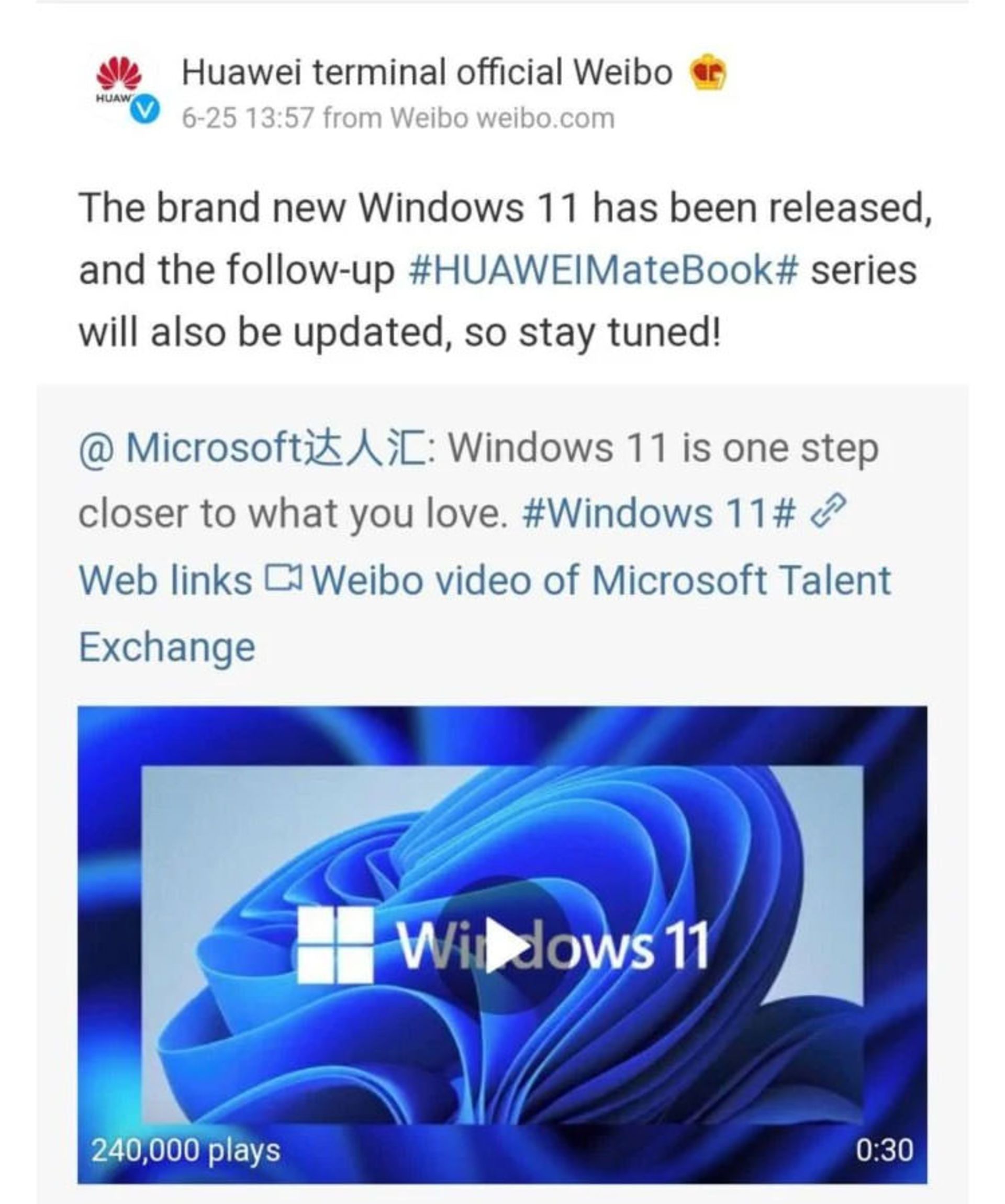 پست ویبوی هواوی در مورد میت بوک هواوی