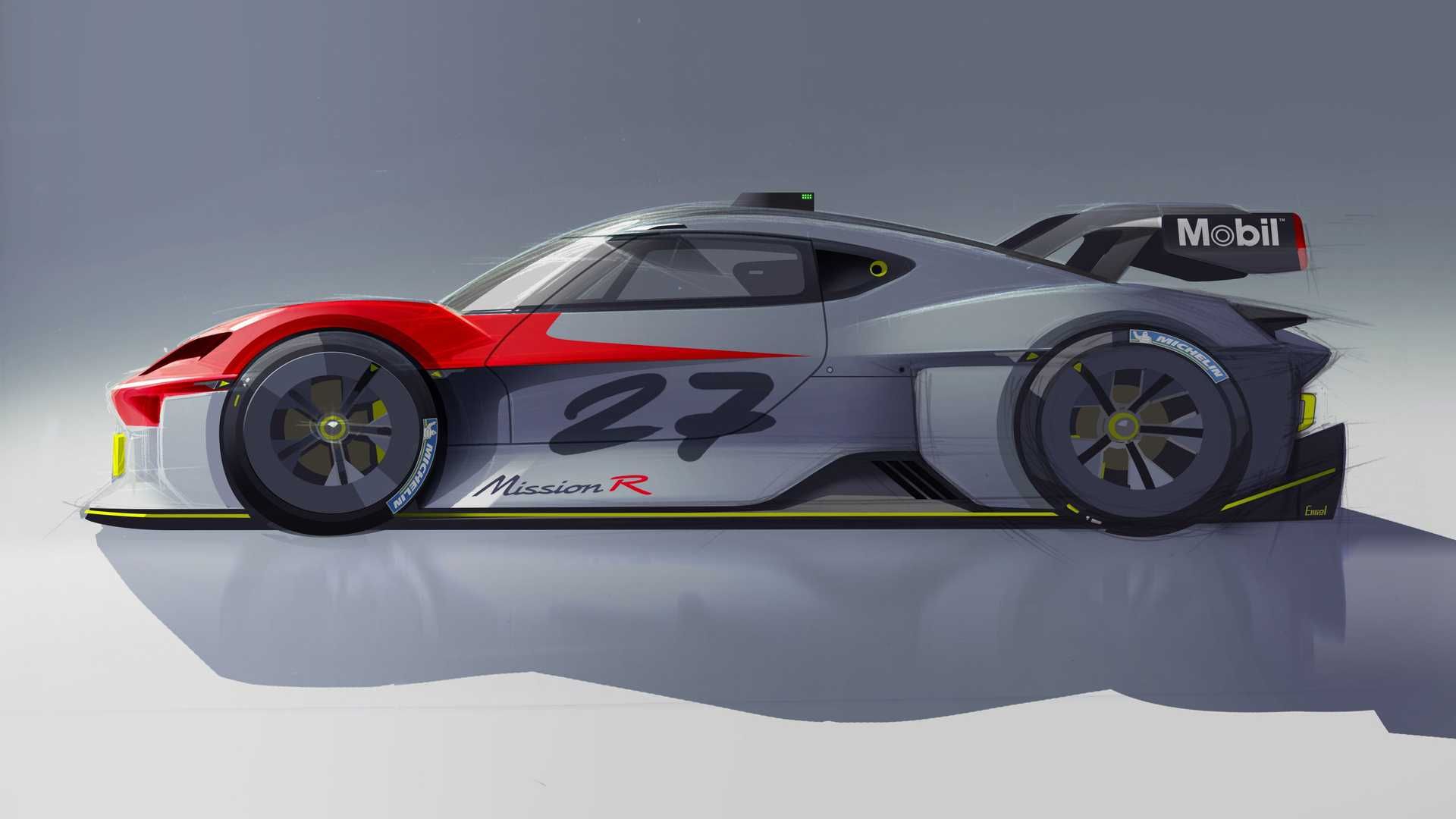نمای جانبی خودروی الکتریکی مفهومی پورشه میشن آر / Porsche Mission R Concept EV