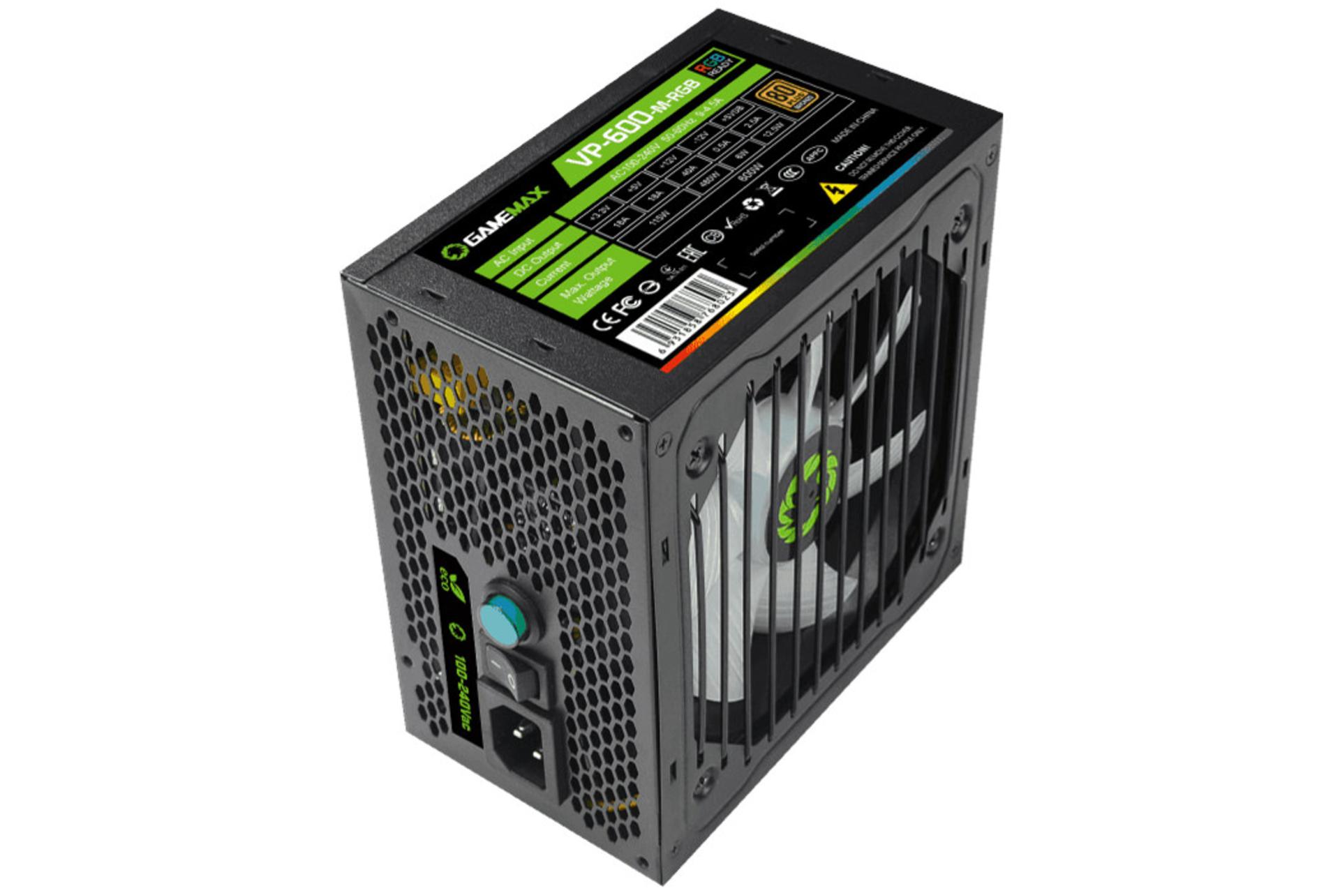 پاور کامپیوتر گیم مکس VP-600-RGB-M با توان 600 وات نمای ایستاده